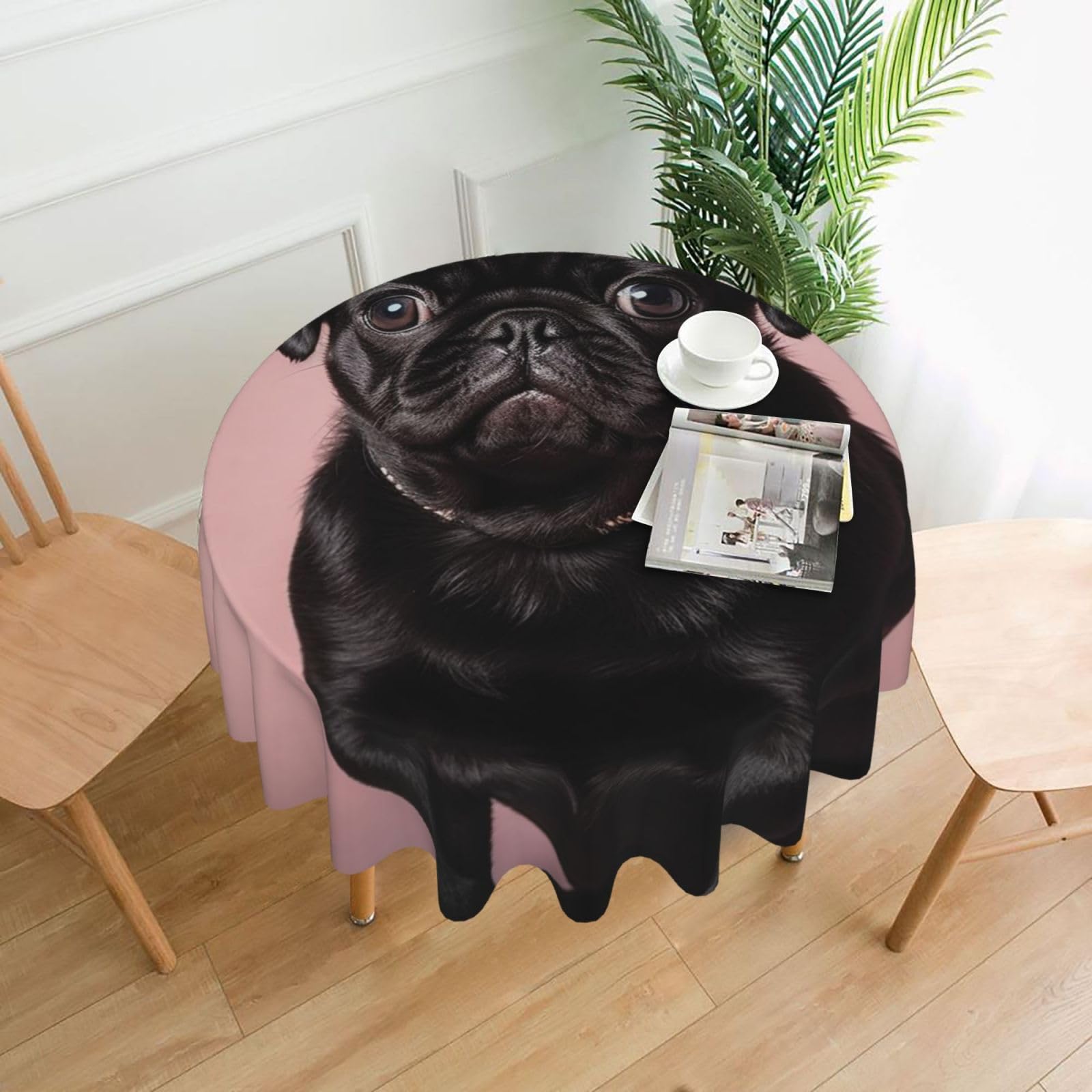 Fodpand Black Cute Pug Tablecloths For Round Tables 60 Inches - Reusable And Washable Kitchen Table Clothes Decorative Table Cover For Dining Tables, Buffet Parties, Wrinkle Resistant