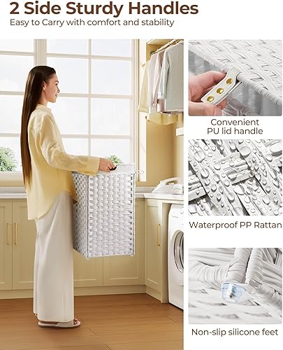 Miniatura 4 de Greenstell Cesta para la ropa sucia con 2 bolsas extraíbles, cesta de ropa dividida de 90 litros, cesta plegable de ratán sintético tejida a mano