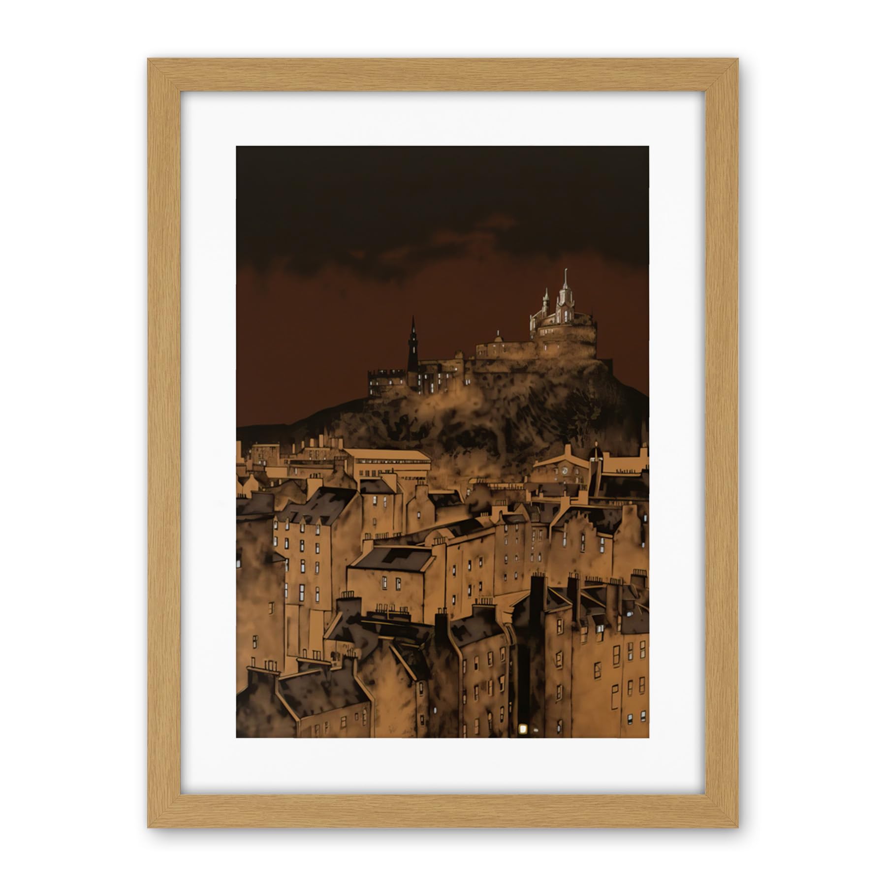Artery8 Edinburgh Castle Over Old Town Cityscape at Night Artwork Framed Wall Art Print 18X24 Inch