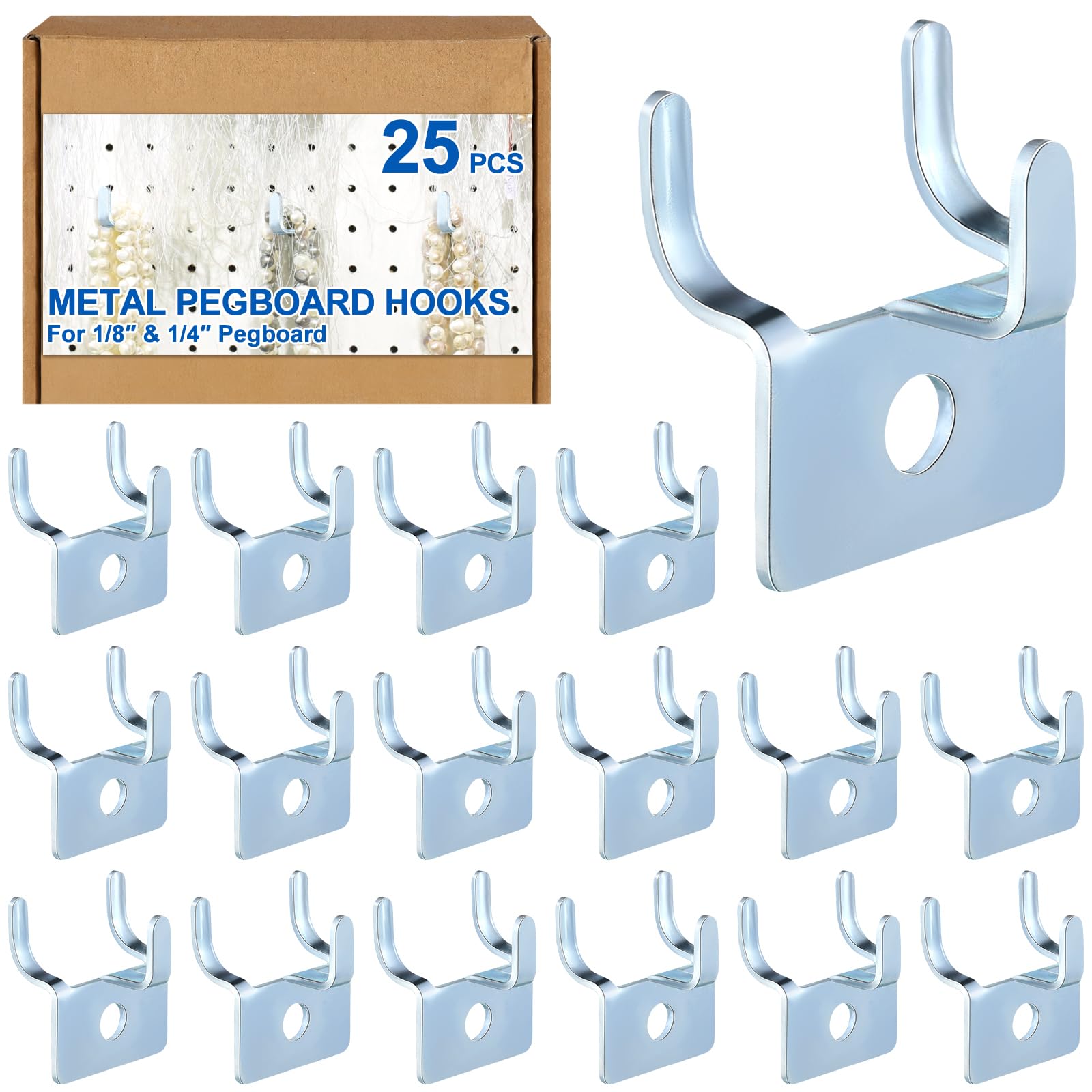 Tandefio Pegboard Hooks Metal Prong Hook Peg Board for Hanging Hangers for Wall Picture Jewelry Display Tool(Silver,25 Pcs)