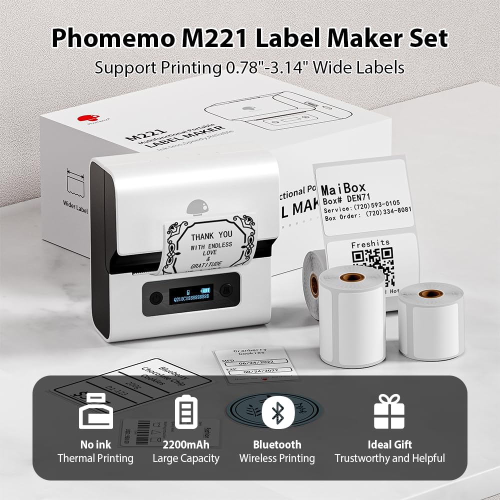 Phomemo M221 Imprimante d'étiquettes Thermique Bluetooth Portable Blanc avec 3 Rouleaux d'étiquettes et Sac