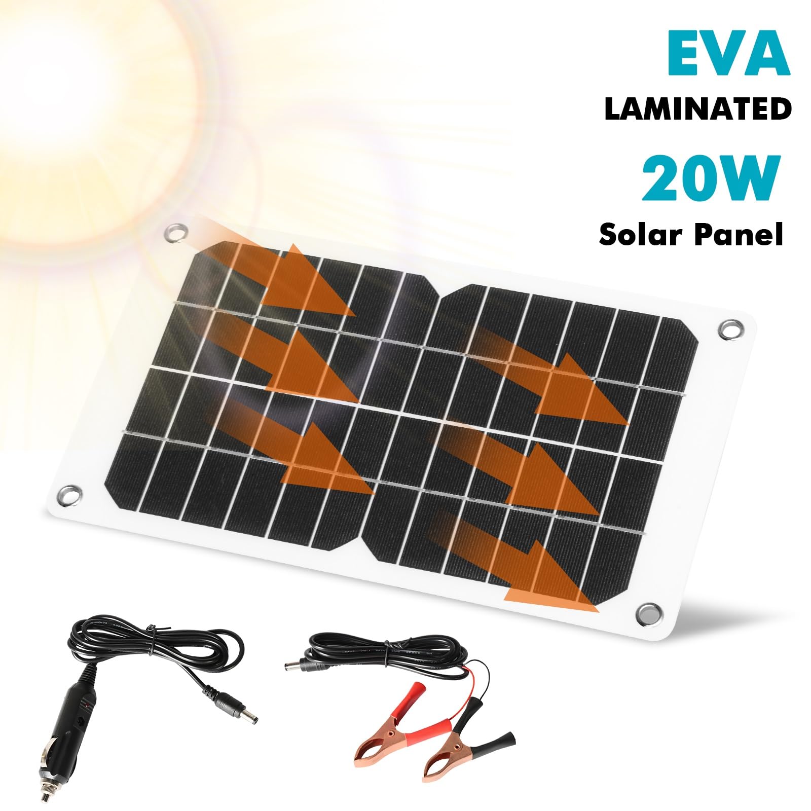 DEWIN Pannello Solare 12V 20W Pannello Solare Portatile Pannello Fotovoltaico Kit Pannello Solare 12V con Batteria per Connettore di Ricarica per Auto Camper, Case da Giardino, Barche