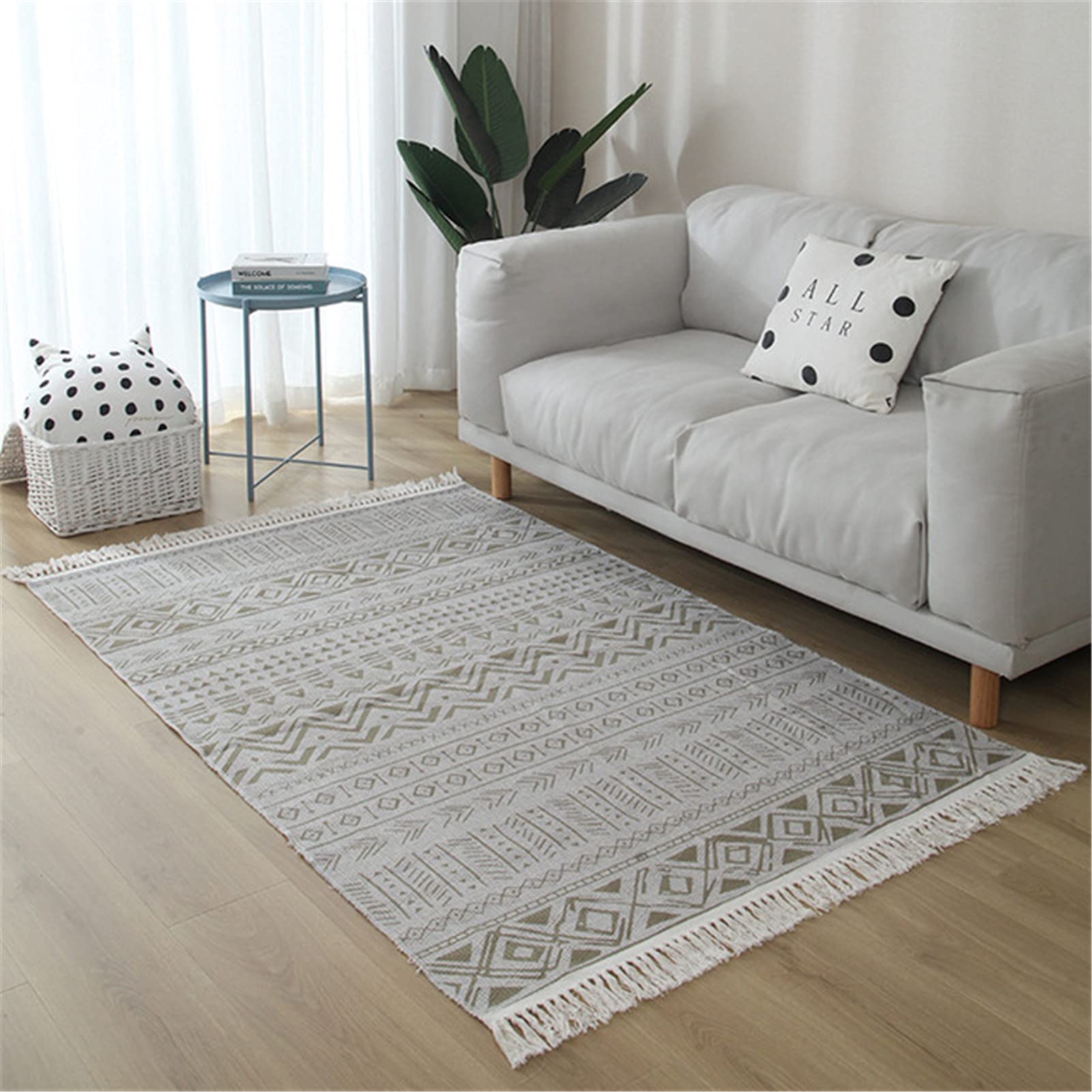 Tapis tissé à la main en coton et lin avec pompon - Style bohème - Pour salon ou chambre à coucher - 80 x 200 cm