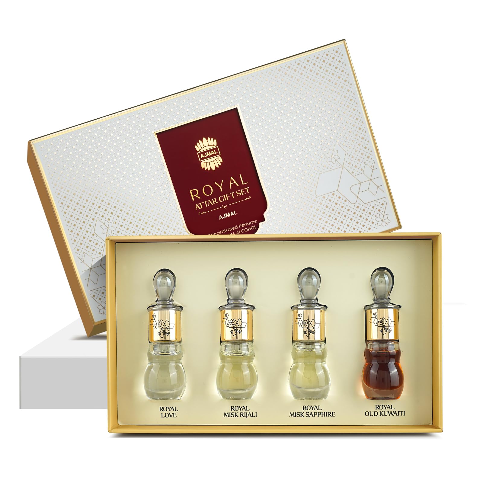 Ajmal Royal Series Concentrated Perfume Gift Set for Men & Women | Pack of 4 x 5ML (20ML) | Royal Love, Misk Rijali, Misk Sapphire & Oud Kuwaiti | Floral, Musky, Oud, Woody Fragrance