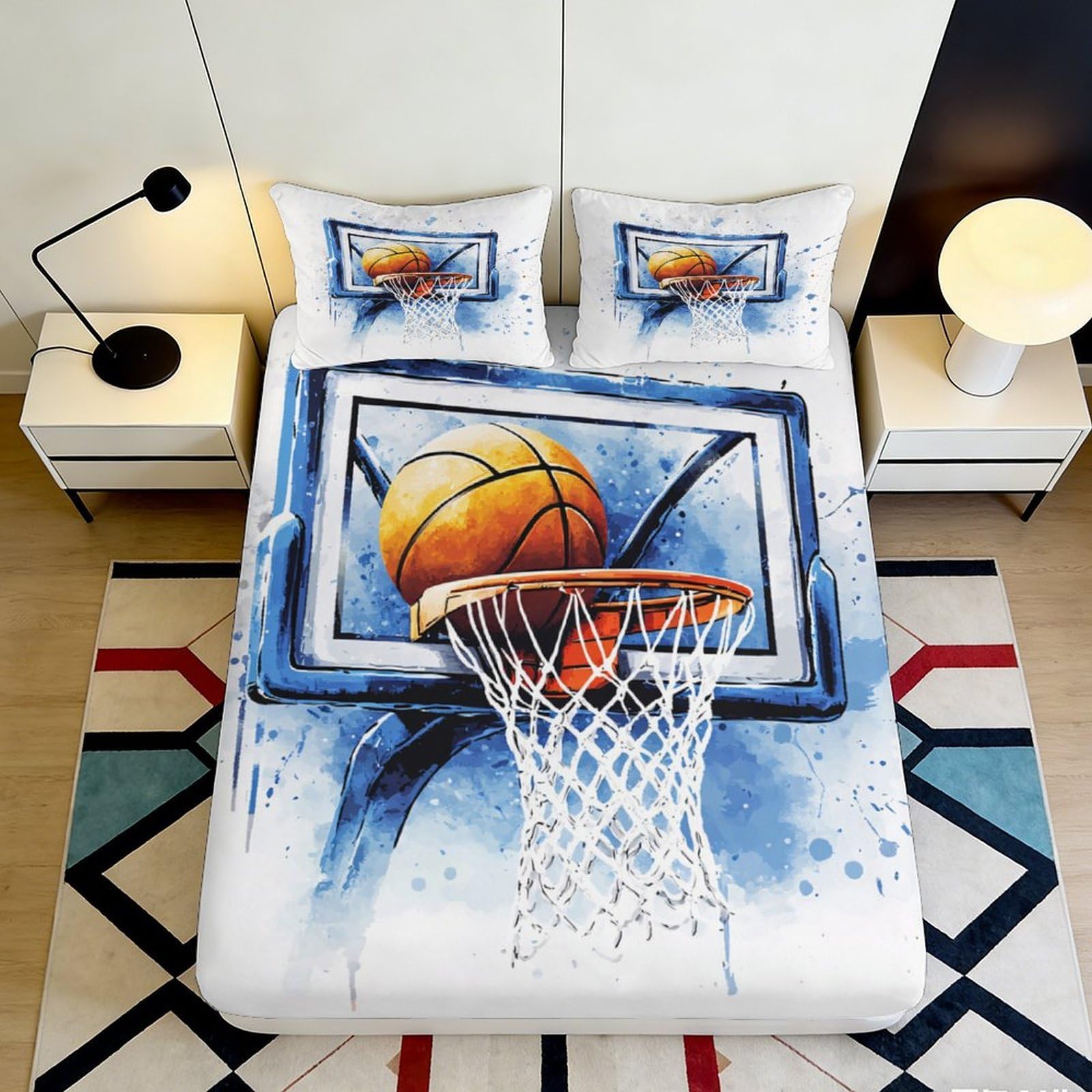 3D Printed Basketball Hoop Fitted Sheet Microfiber Durable 3D Printed Basketball Net Mattress Cover for Bedroom Dormitory Guest Room Protection 180x200x25cm