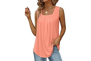 Summer Tank Tops for Women Loose Fit Pleated Square Neck Sleeveless Tops Curved Hem Flowy