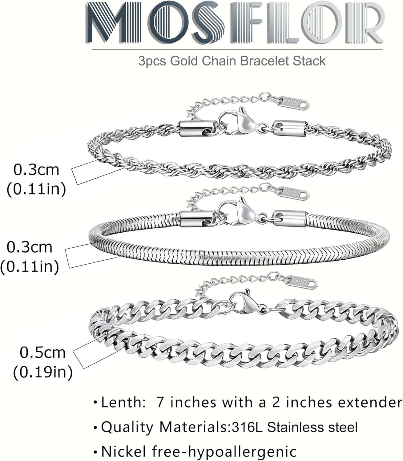 Mens Bracelet - Dainty Gold/Silver Chain Bracelet Stack 14K Gold Plated Silver Bracelets for Men Stainless Steel Adjustable Cross Charm Cuban Link Bracelet Snake Jewelry Set to Men Dad Birthday Day - Image 4