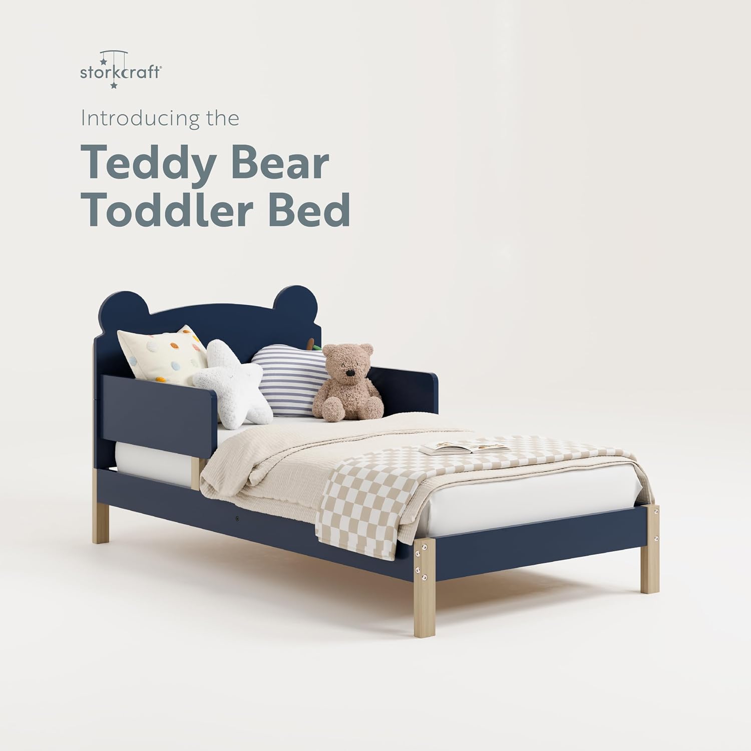 Storkcraft Teddy Bear Toddler Bed (Midnight Blue with Driftwood) - GREENGUARD Gold Certified, Includes Toddler Safety Guardrails, Fits Standard Crib & Toddler Mattress, Stylish 2-Tone Design