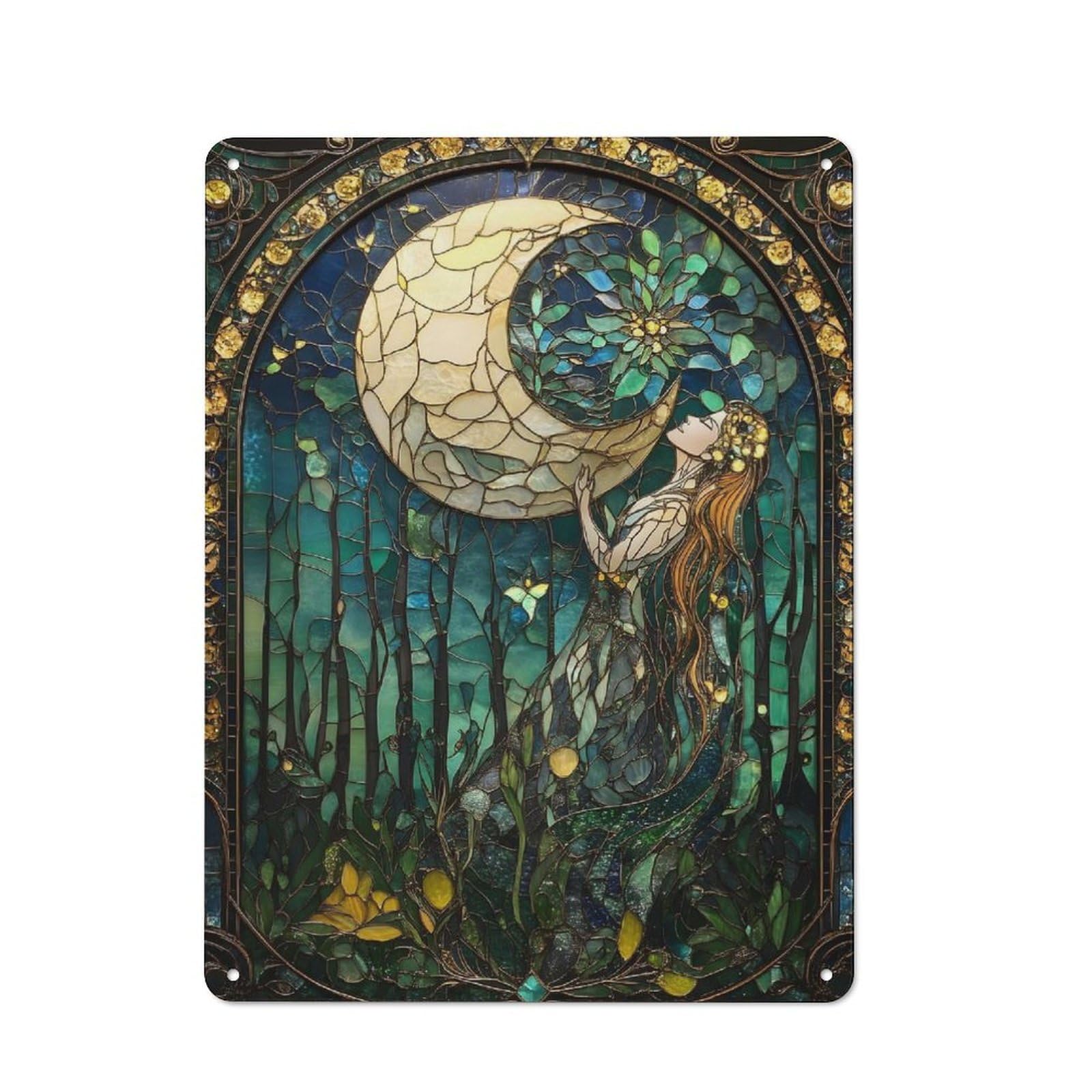 Junmoney Stained Glass Moon & Woman Retro Metal Wall Sign 40X30cm With For Living Room Wall, Housewarming Wall Decor For People Furnishing Living Room