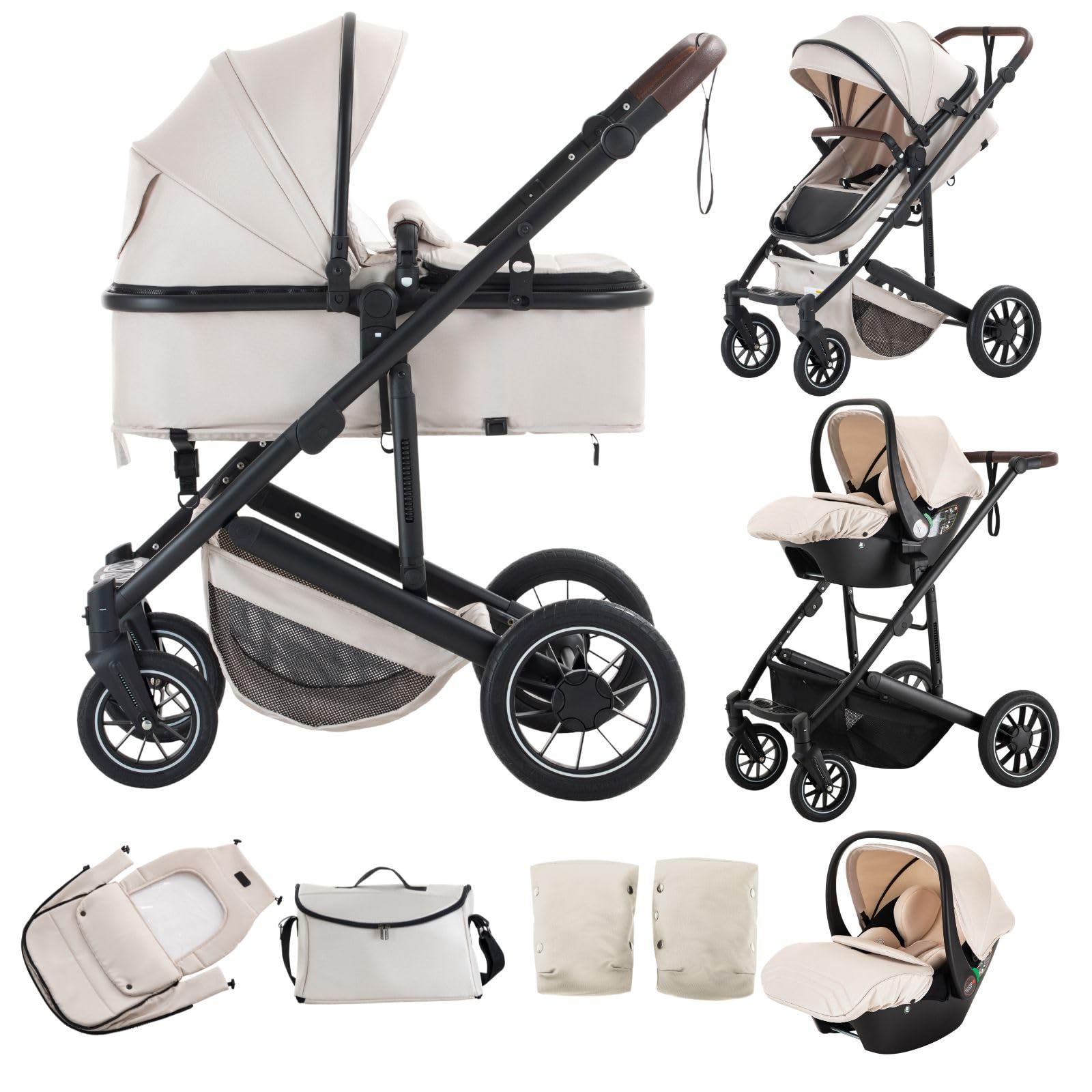 Passeggino Trio, Beige-Set Passeggino e Seggiolino Auto, passeggino fronte mamma da Viaggio con Manico Regolabile, Cestino&Cestino per Dormire con Copripiedi, Copripiedi rialzati,0-4,22KG