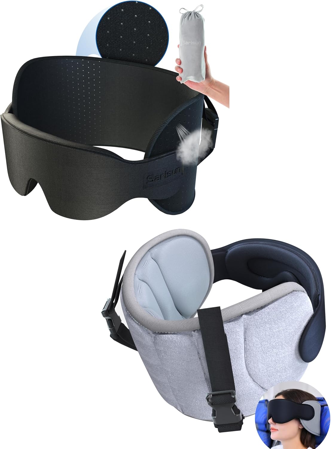 Travel Pillow for Airplanes and Breathable Airplane Pillow, Eye Mask for Sleeping, Travel Neck Pillow for Long Flight, Car Road Trip, 360° Support Headrest