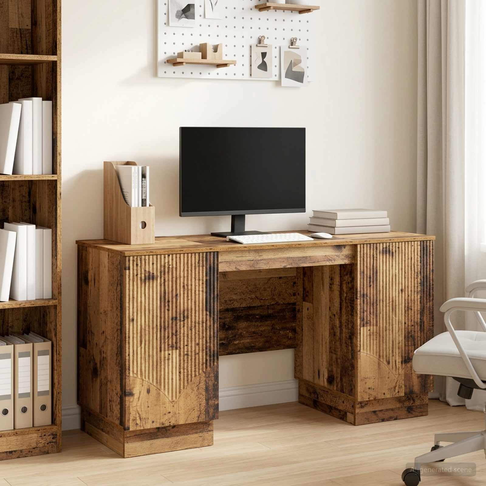 Scrivania in Legno Ingegnerizzato 142,5x50x75 cm Legno Antico | Tavolo da lavoro con ante e ripiani interni per organizzare lo studio, l'ufficio o il soggiorno moderno.
