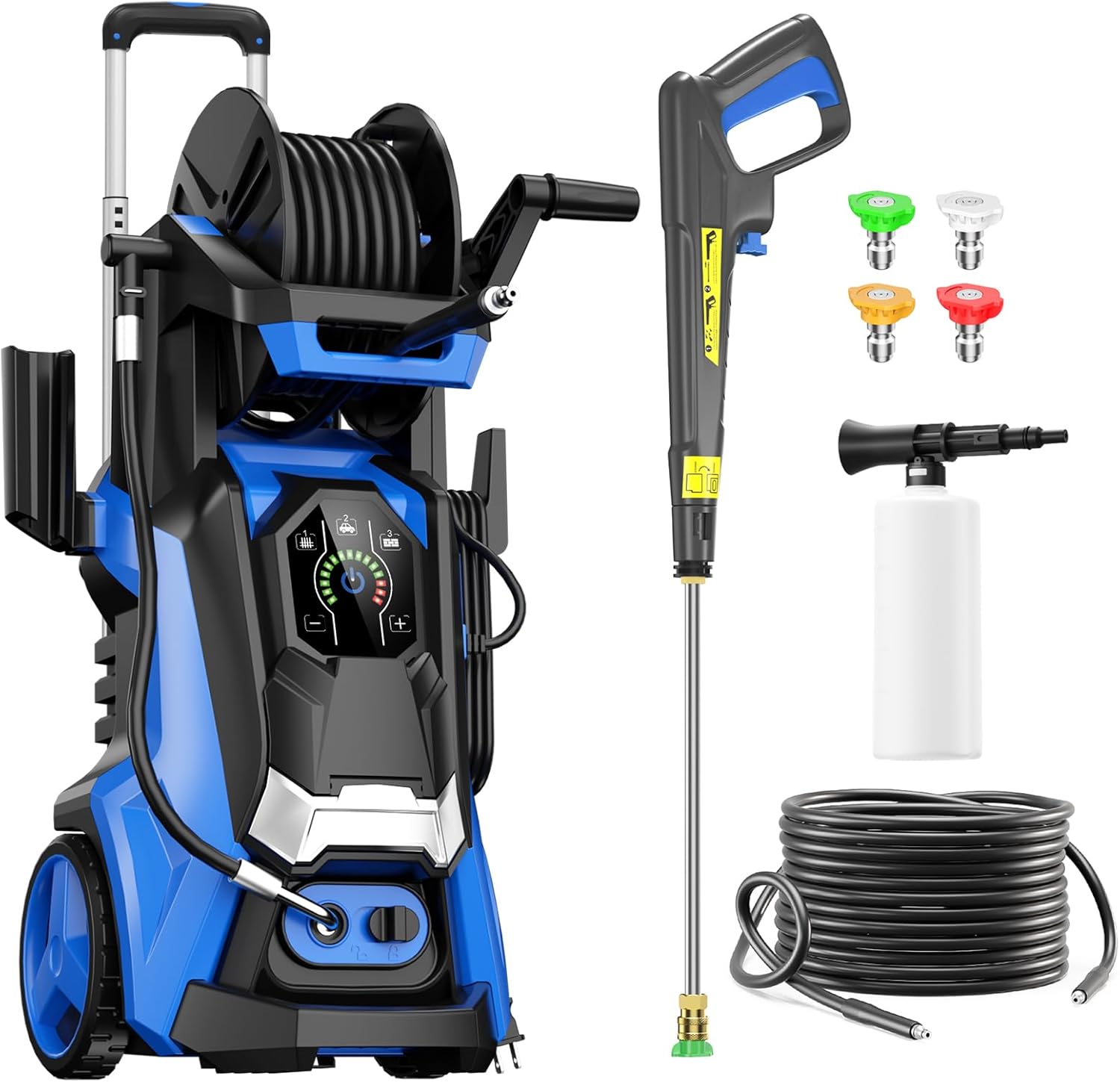 pressure washer power washer with touch screen, 4 quick connect nozzles and foam cannon, high pressure cleaning machine for cars/fences/driveways/patios blue