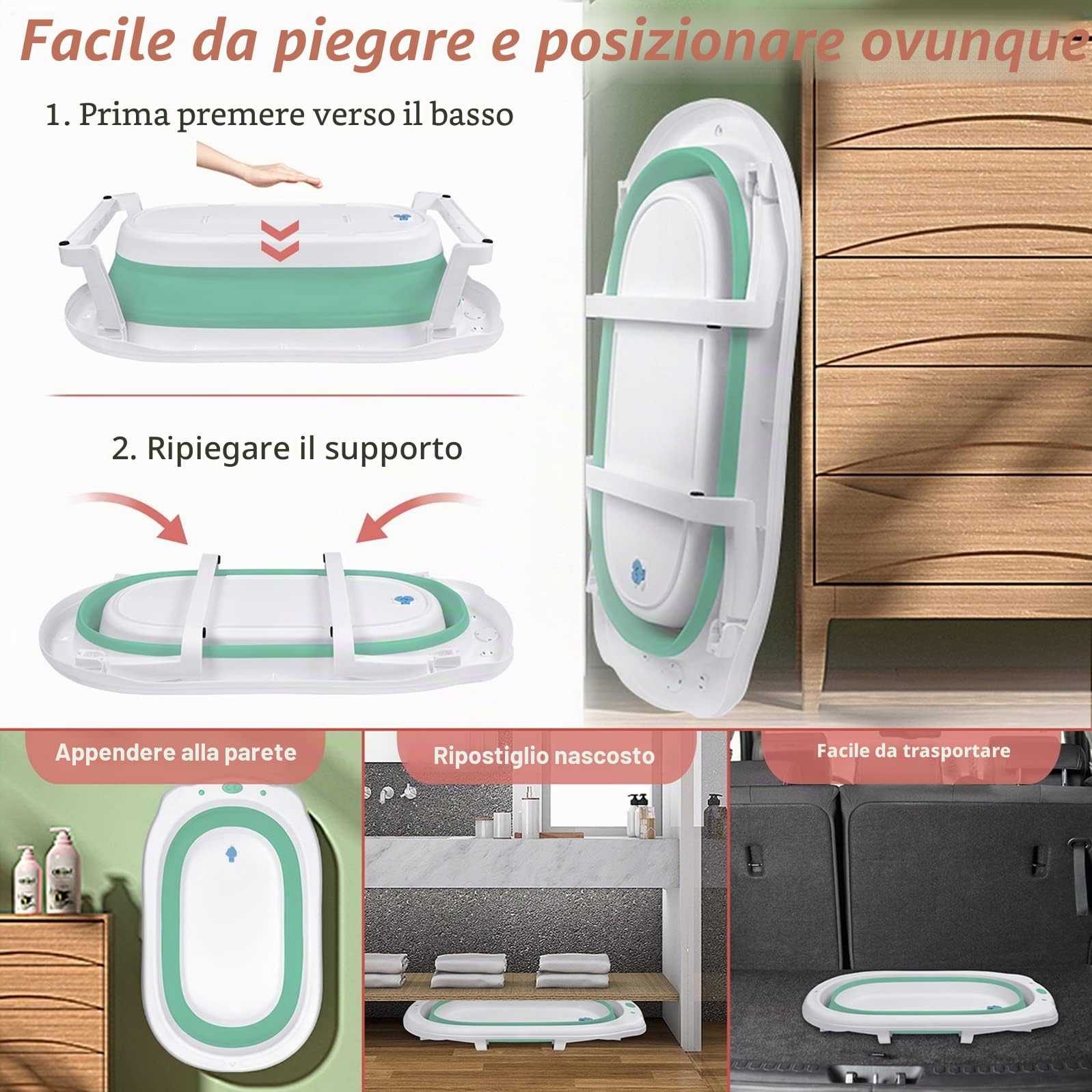 Vasca da bagno pieghevole per bambini e neonati, con tappetino antiscivolo e rete di sicurezza, salvaspazio (verde)