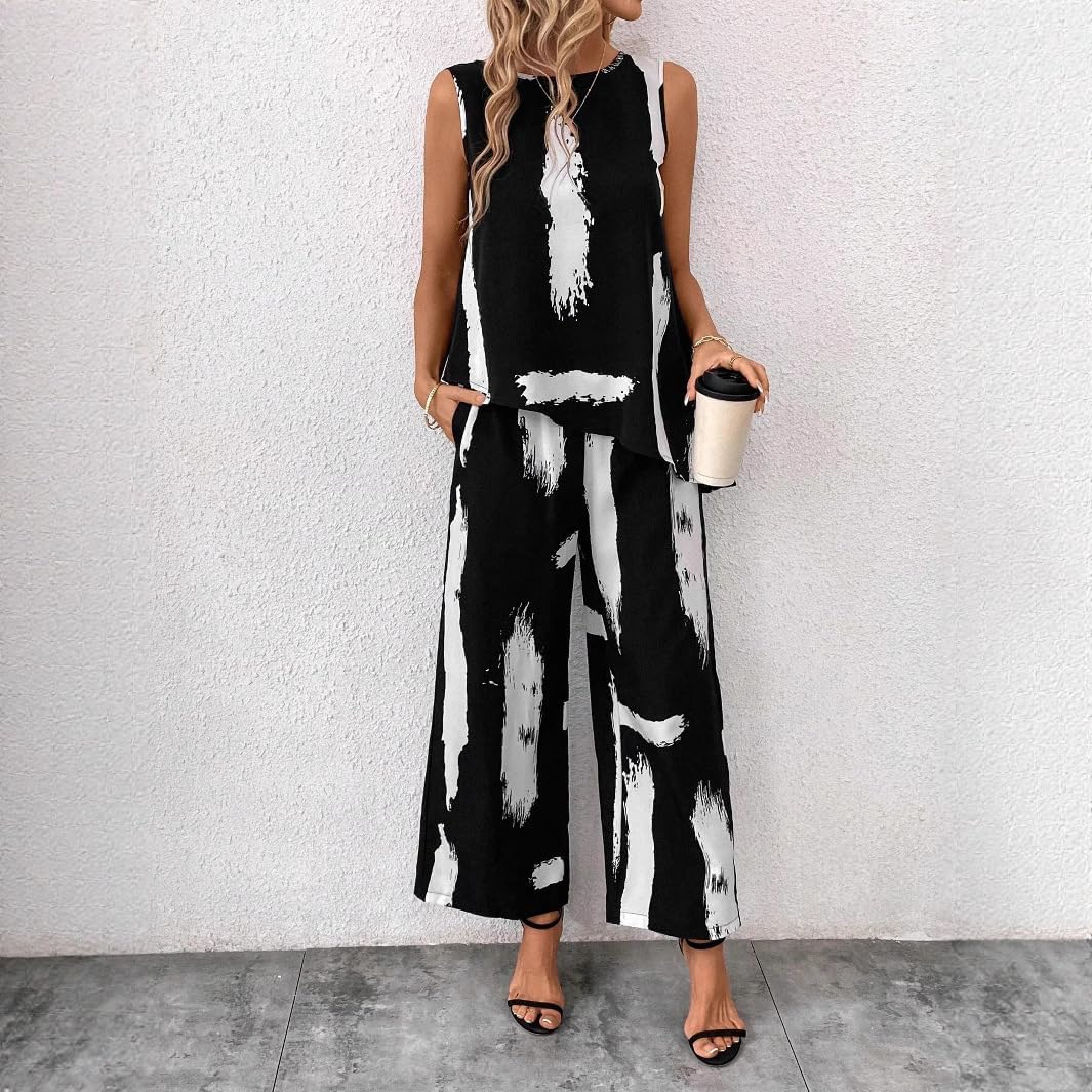Boho Brushstroke Print Sleeveless Set - Asymmetric Top & Wide Leg Pants, Casual Loose Fit Outfit for Women
