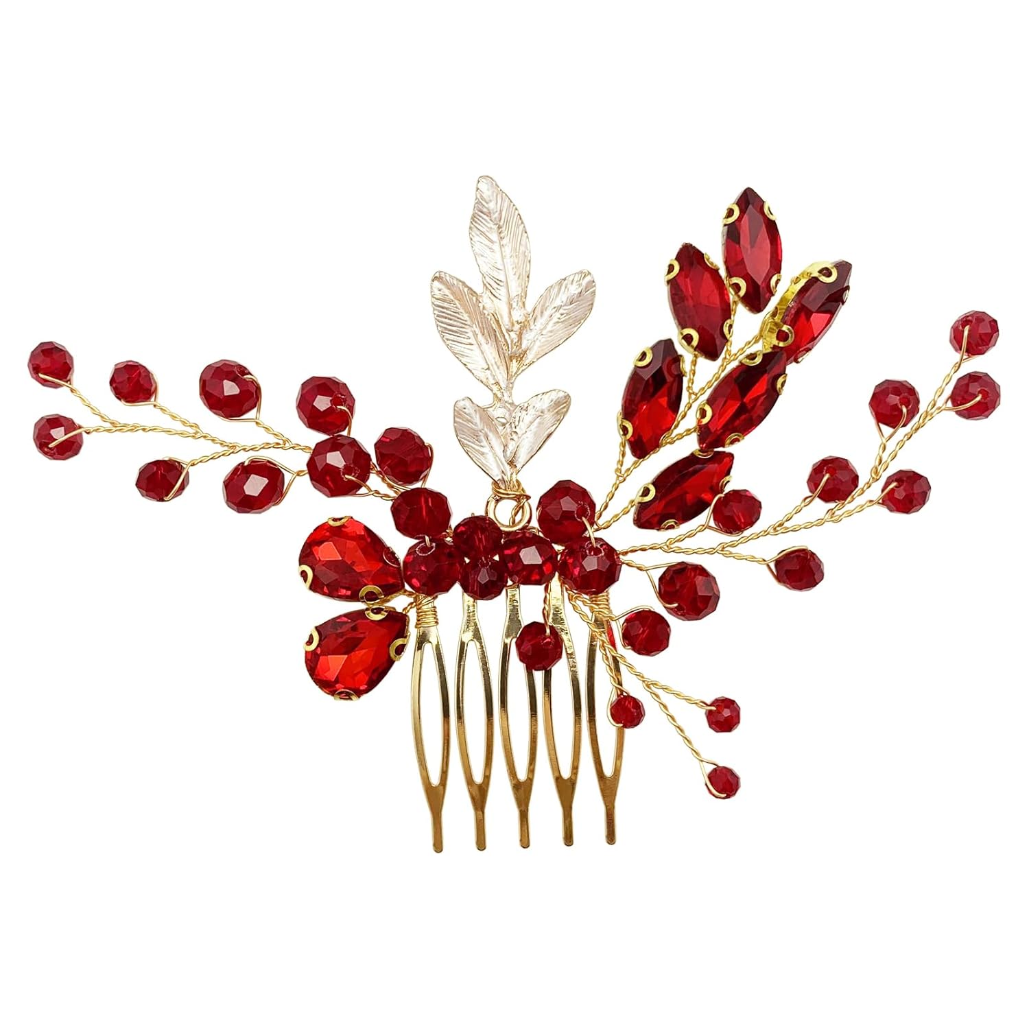 BETITETO Crystal Bridal Hair Comb Wedding Gold Vine Leaf Rhinestone Hair Piece Accessories for Women Girls (Red) - Image 4