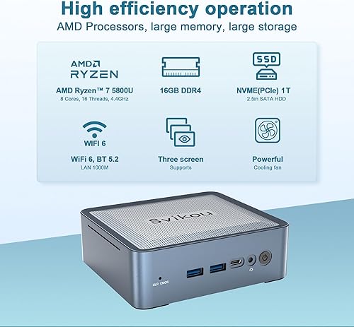 Miniatura 2 de Svikou Mini PCWin 11Pro y Office 2019 AMD Ryzen 7 5800U (hasta 4.4 GHz) 16 GB DDR4 RAM 1TB NVMe SSD 8 Core Mini computadora de escritorio compatible