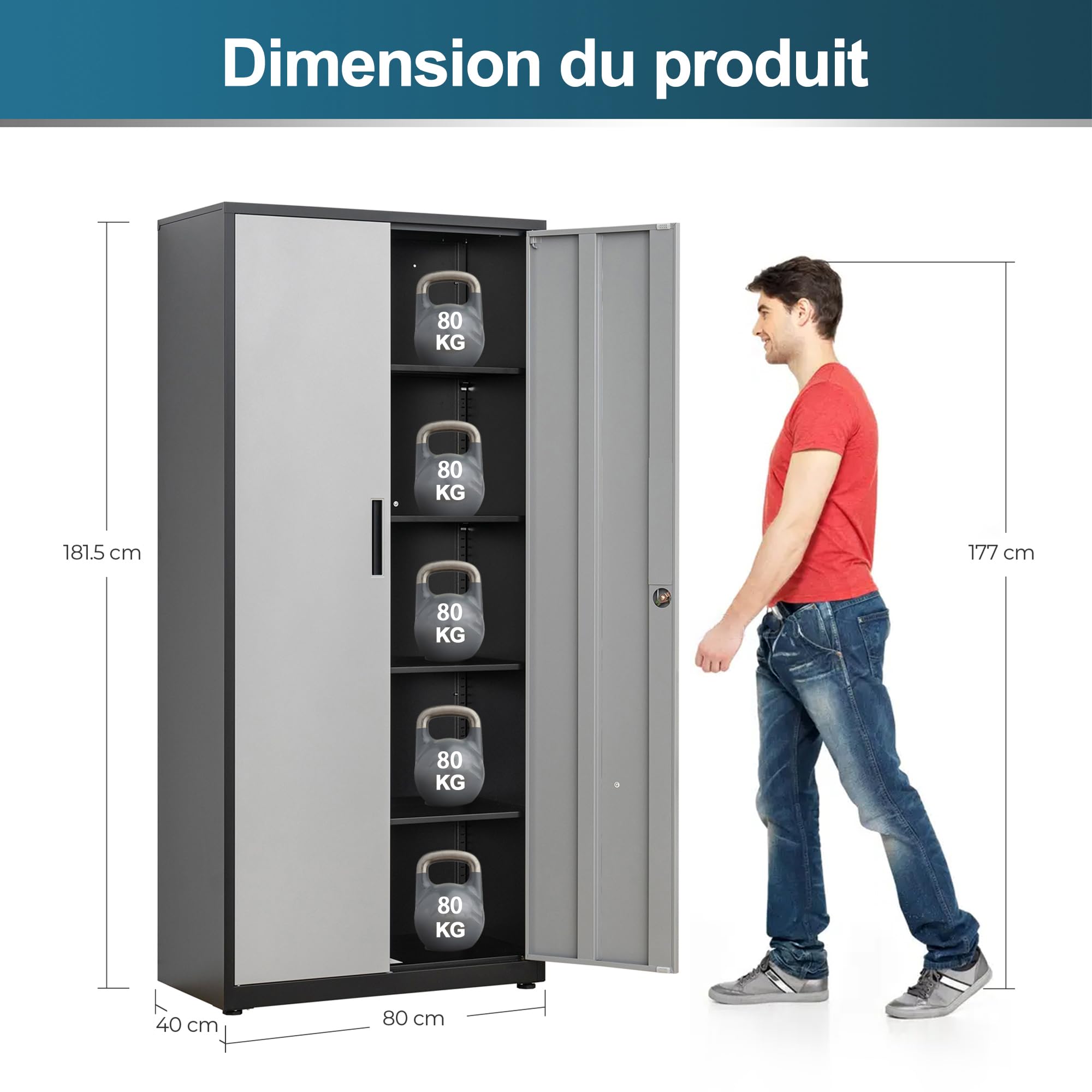 Armoire de Rangement en Métal, de Garage verrouillable avec 5 Étagères, Armoire de Bureau avec étagères Réglables, pour Le Bureau, Le Garage et la Buanderie, Noir Argent