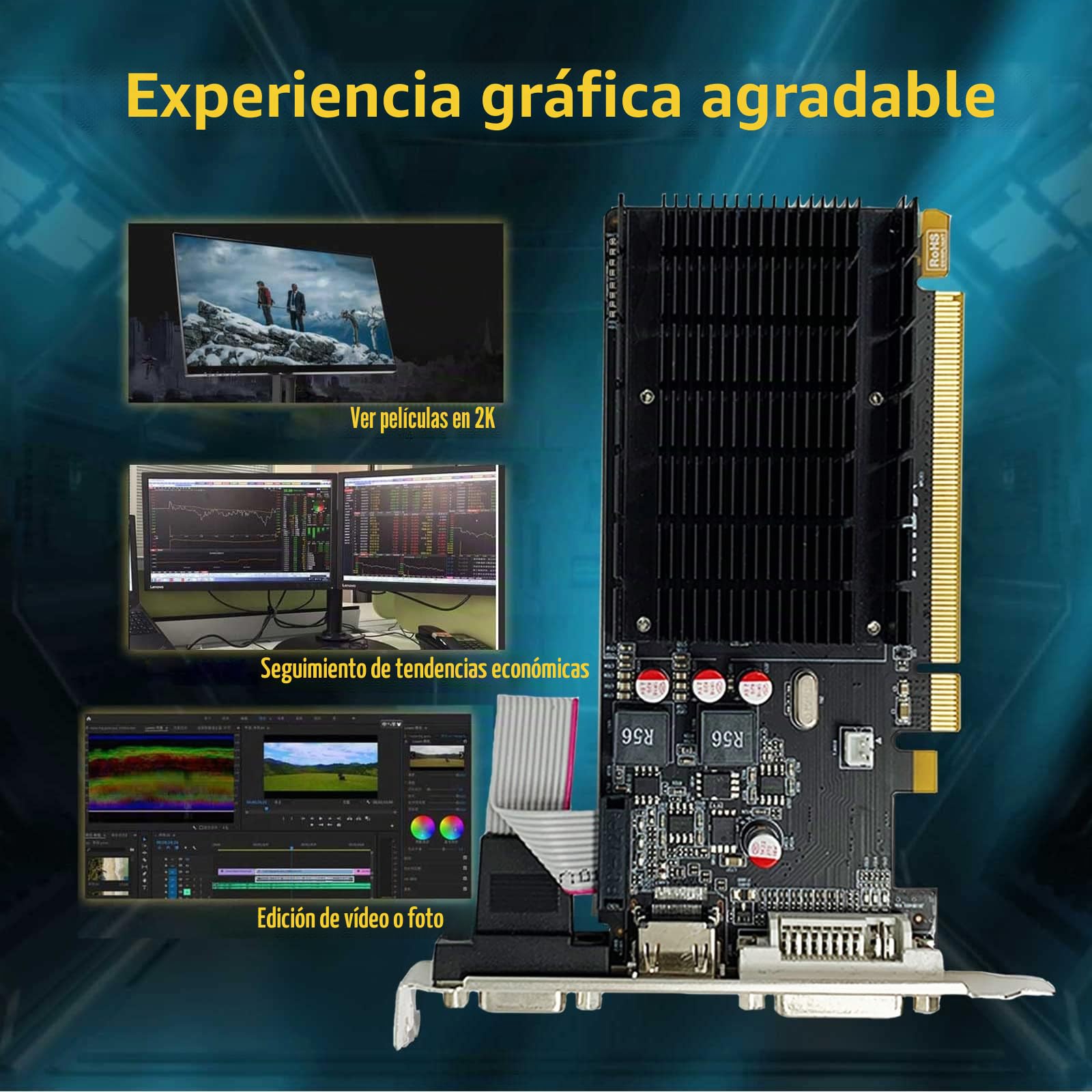 Radeon HD 5450 Tarjeta gráfica, 2 GB GDDR3 64 bits, DVI/HDMI/VGA, perfil bajo, PCI Express x16, tarjeta de video para PC, GPU, DirectX 11