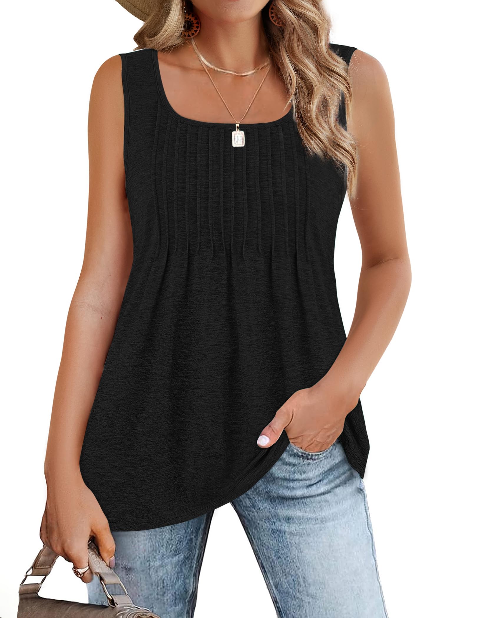 Zeagoo Women's Summer Tank Tops 2026 Pleated Square Neck Loose Fit Casual Flowy Tunic Sleeveless Shirts