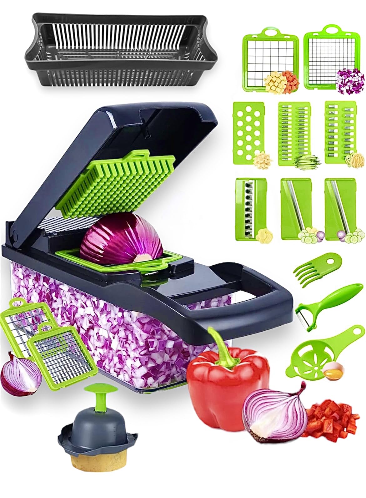 16-in-1 Vegetable Chopper & Slicer - Mandoline Slicer With 7 Blades, Cube Cutter, Safe For Kitchen Prep