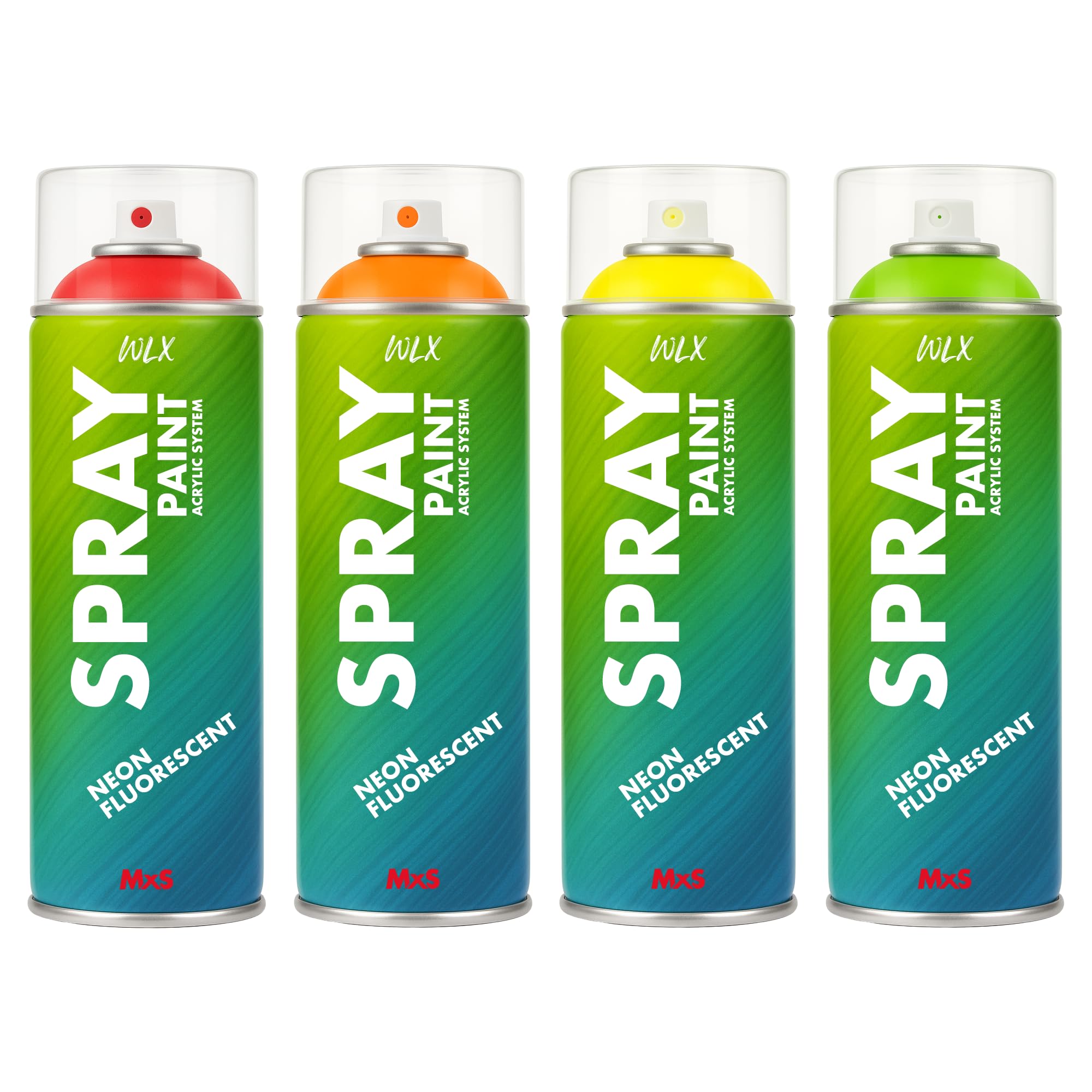 WLX Zestaw farb neonowych w sprayu, 4 kolory po 400 ml, wysoce widoczne, szybkoschnące farby fluorescencyjne do drewna, metalu, kamienia i szkła