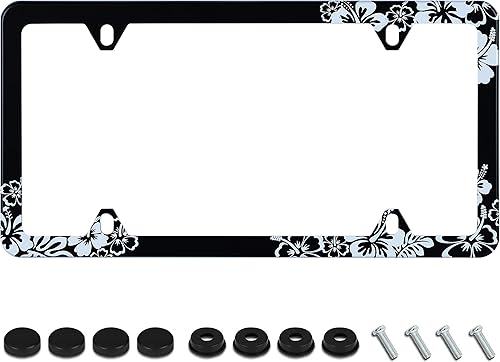 Marco de placa de flores de hibisco, diseño tropical Hawiiian, de acero inoxidable a prueba de óxido, decoración de piezas de automóvil con