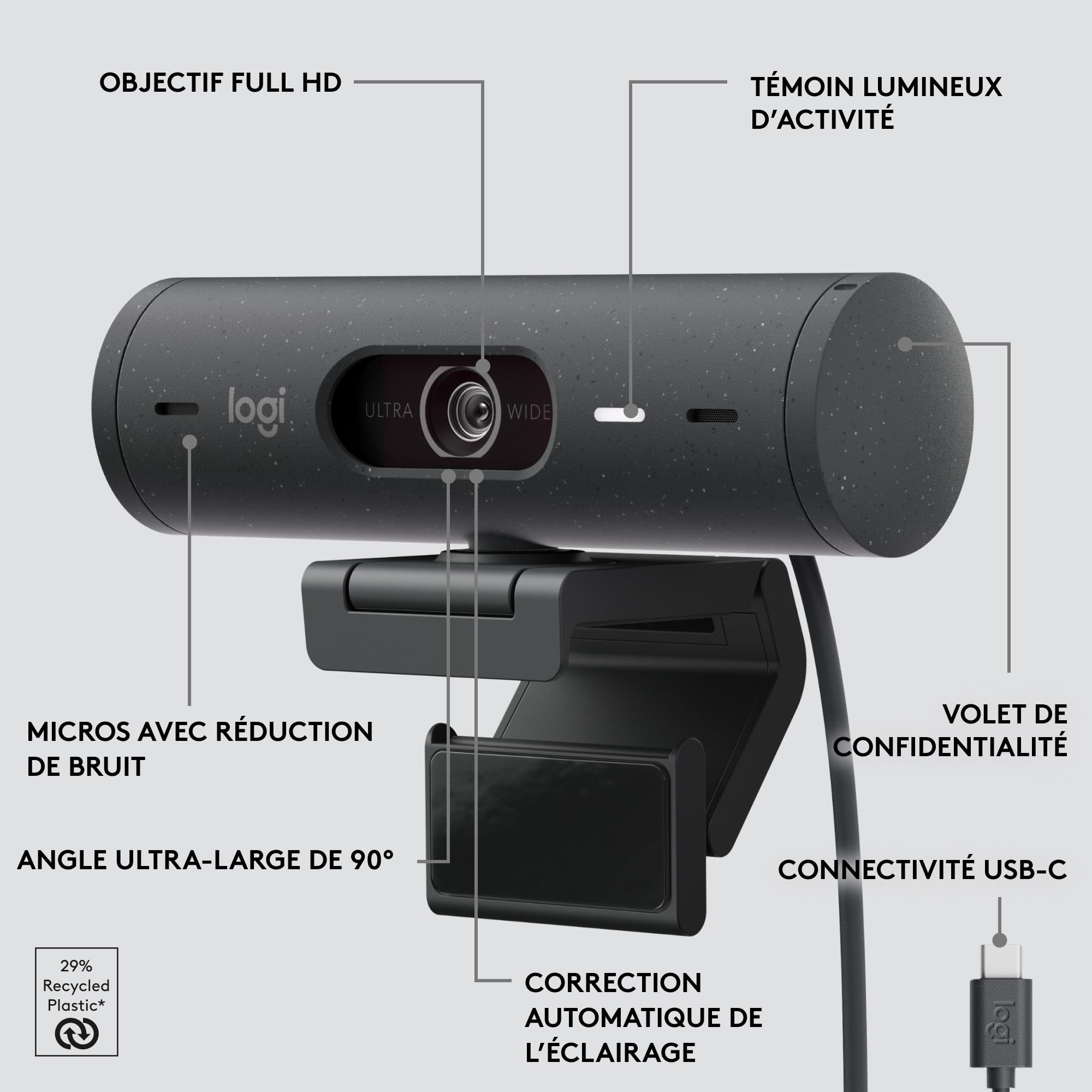 Logitech Brio 500 Webcam Streaming HD avec Expo Auto, Mode ’Show’, Deux Micros à Réduction de Bruit, Clapet Confidentiel, Compatible Microsoft Teams, Google Meet, Zoom, Câble USB-C - Graphite
