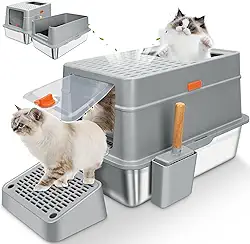 Reamfit Caixa de Areia para Gatos, 62*38*34CM, Extra Grande, Aço Inoxidável, Três Formas de Uso, Fechada, Banheiro para Gatos