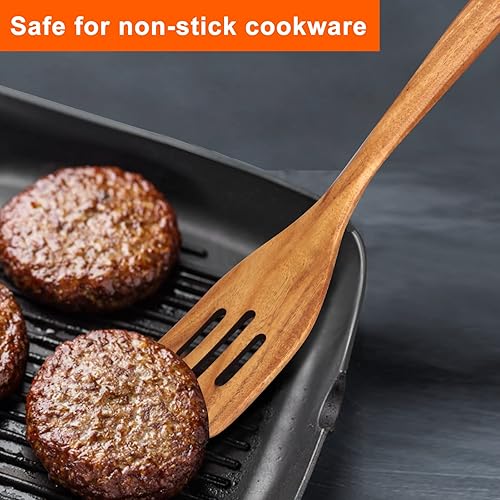 Vista 5 de Juego de 4 utensilios de madera de acacia grande de 14 pulgadas para cocinar, espátula, utensilios de cocina de madera, cuchara no tóxica, espátula