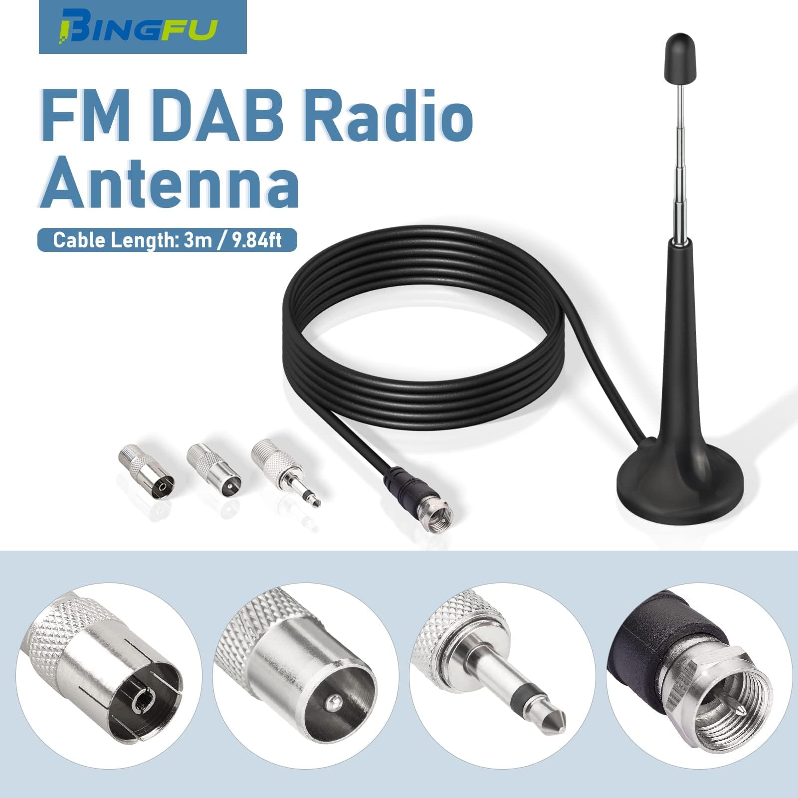 Bingfu Antenna Radio FM DAB Interni 75 ohm Base Magnetica Telescopica Cavo Prolunga da 3 m per Ricevitore Audio Video Casa