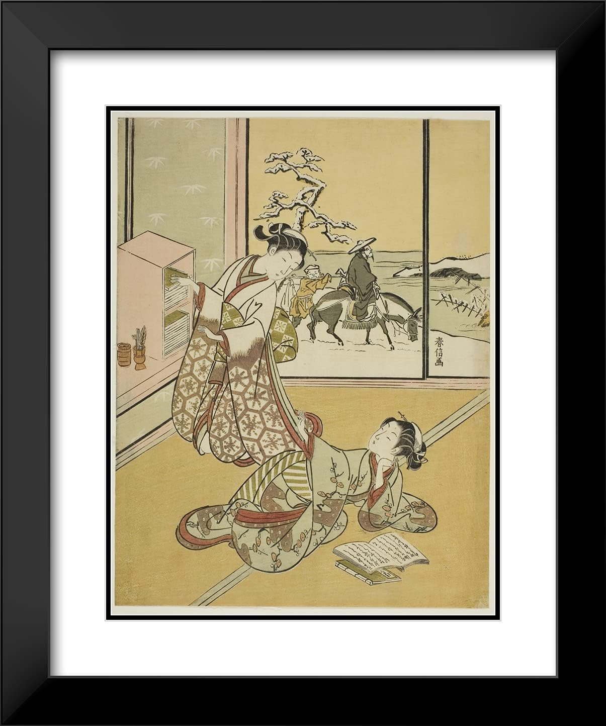 ArtDirect Suzuki Harunobu 20x24 Black Modern Framed and Double Matted Art Print Titled Two Young Women Reading Books