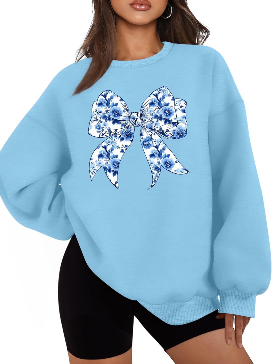 ELDPS Bow Sweatshirt Women: Oversized Crewneck Sweatshirt Coquette Bow Shirt Long Sleeve Pullover Tops