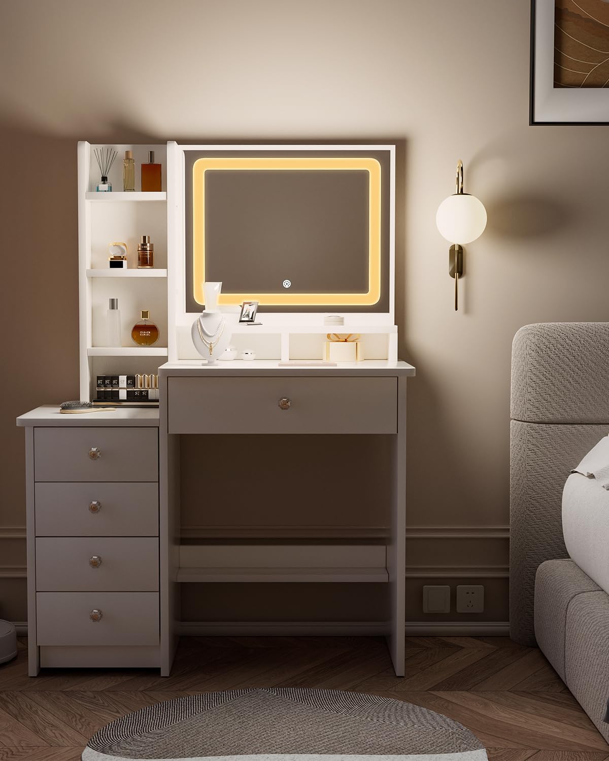 Coiffeuse, 90cm Coiffeuse avec Miroir, 5 Tiroirs pour Un Rangement Parfait