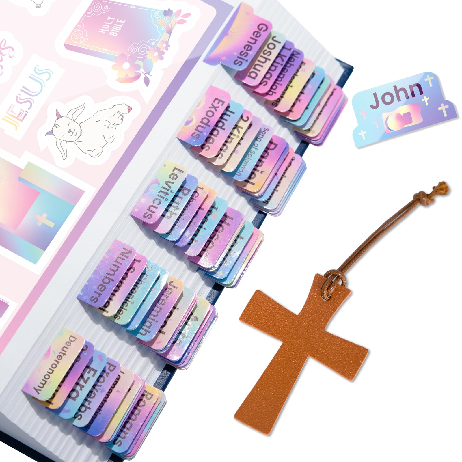 Bible Tabs with Cross Bookmark, Rainbow, Large Print, Plastic, 2 Count