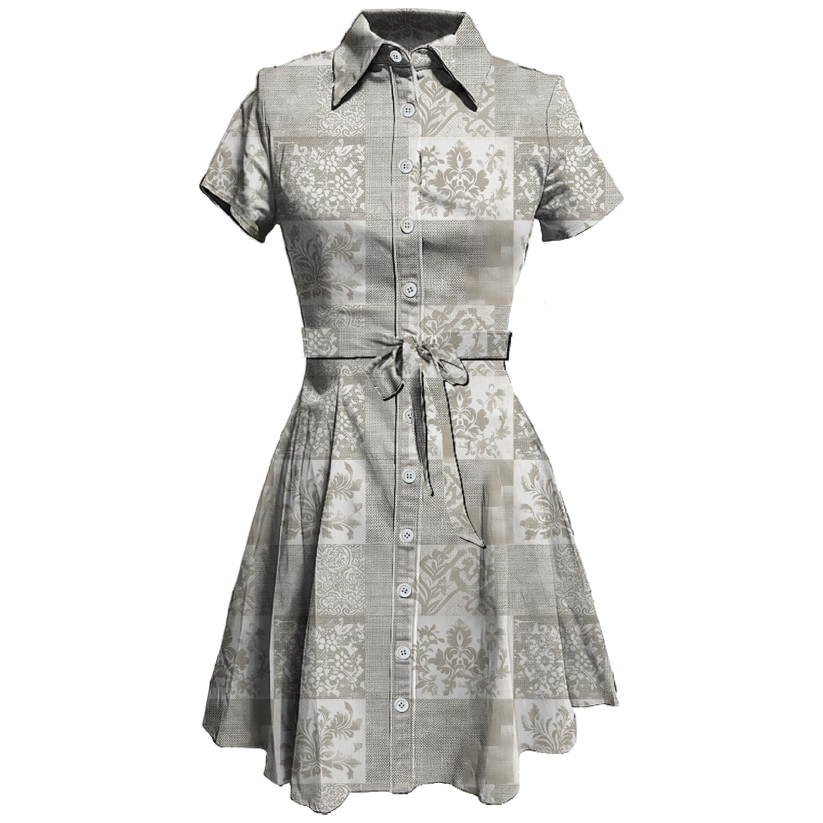 MARSVOVO Vintage Retro Shirt Dress for Women Short Sleeve Button Down Tie Waist Elegant Smocked Knee Length Dress