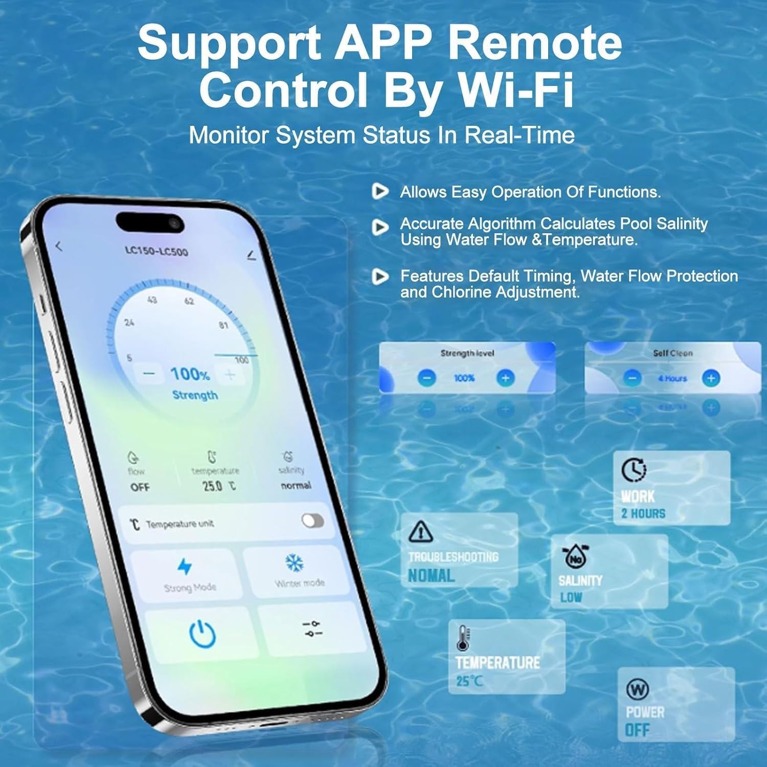 Sistema Inteligente de clorador de Piscina de Agua Salada, con Control de aplicación, celda de Titanio autolimpiante, monitoreo Digital y Alarma, for Piscinas enterradas y elevadas(20g/h)