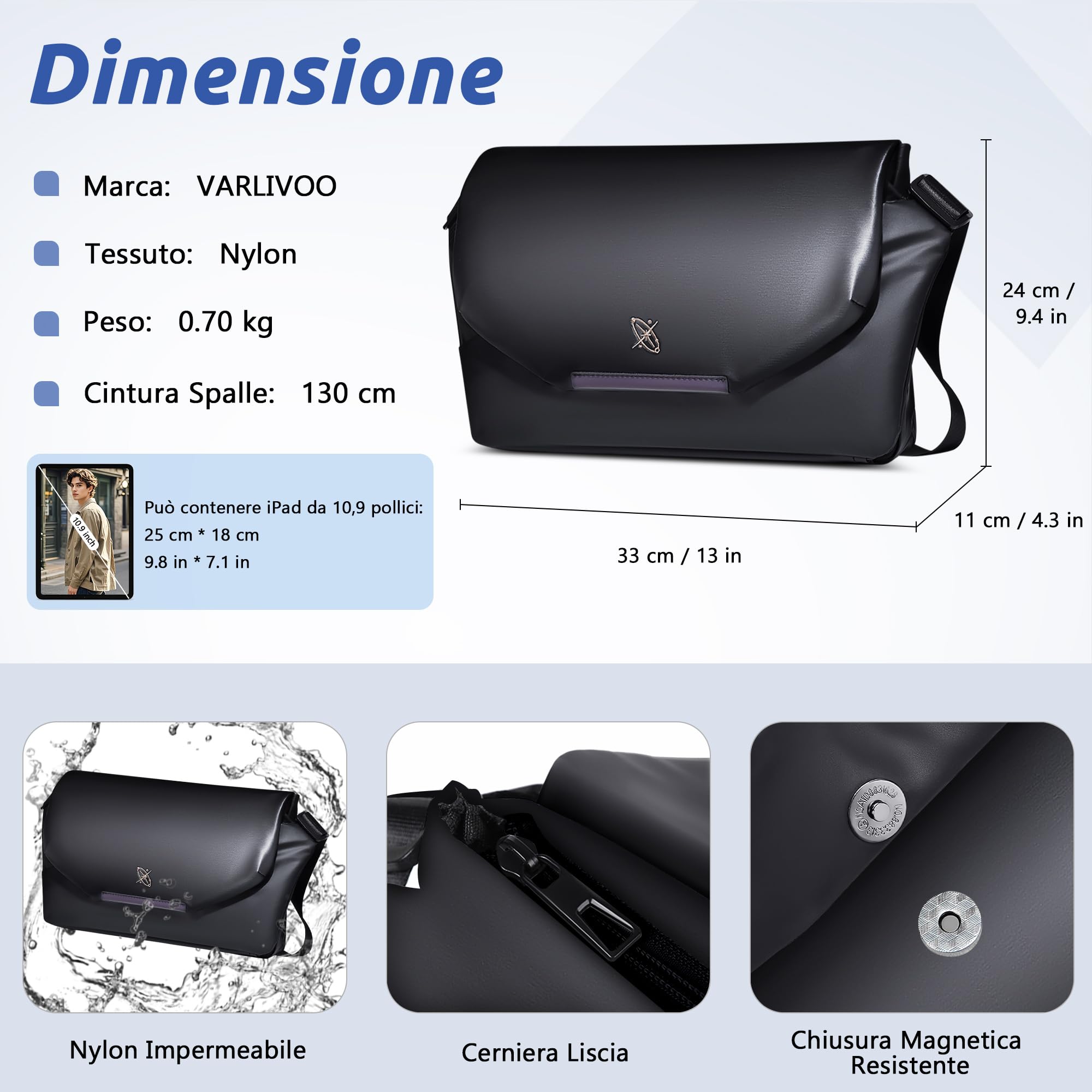 VARLIVOO Borsa a Tracolla Uomo Impermeabile in Nylon Borsa a Spalla con Supporto per Treppiede Borsa Messenger Sacchetto Uomo per Lavoro Scuola Viaggio Nero B