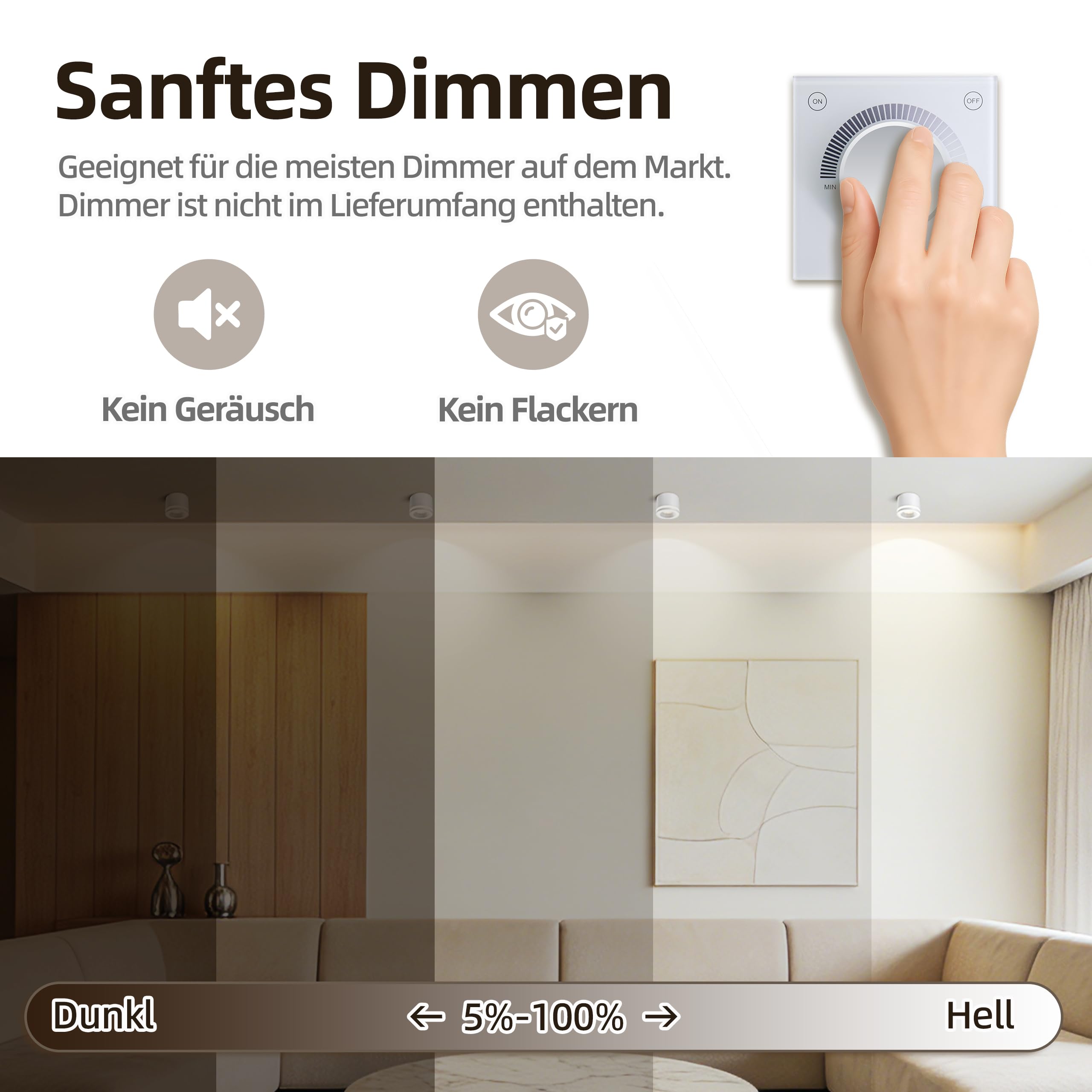 6er Deckenspots Schwarz, LED Aufbauspot Dimmbar Deckenstrahler | LED Spots 230V Blendfrei, Aufbaustrahler, LED-Modul 5W 550lm CRI90+, 3000K/4000K/6500K, für Küche Flur Wohnzimmer, Ø70x60mm