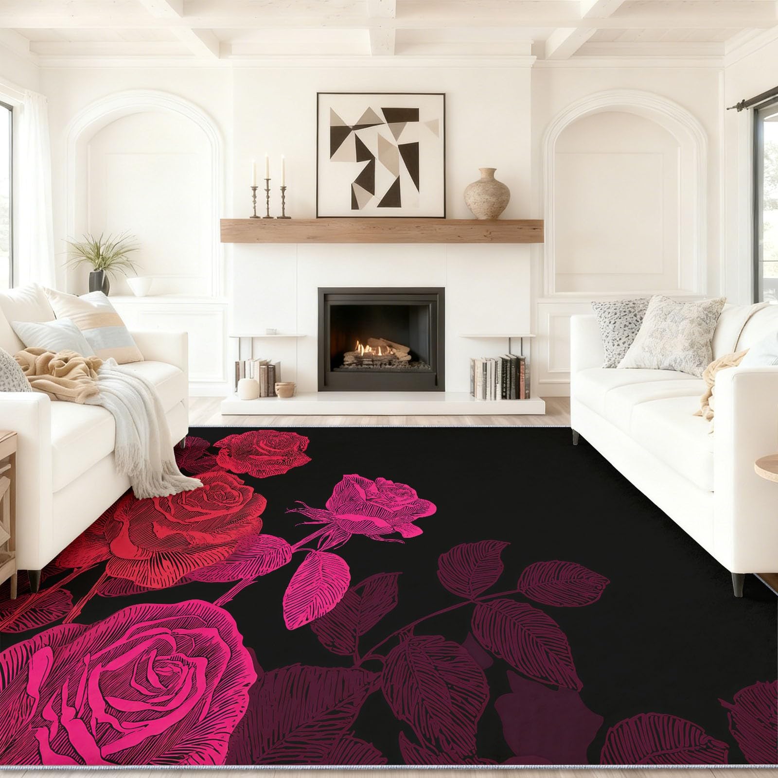 Retro Strichzeichnung floral Teppich Wohnzimmer 80x150cm, rutschfest Kurzflor Kunstwolle Schlafzimmer Teppich, Waschbar rosa schwarz Bettvorleger Teppiche für Wohnzimmer Schlafzimmer