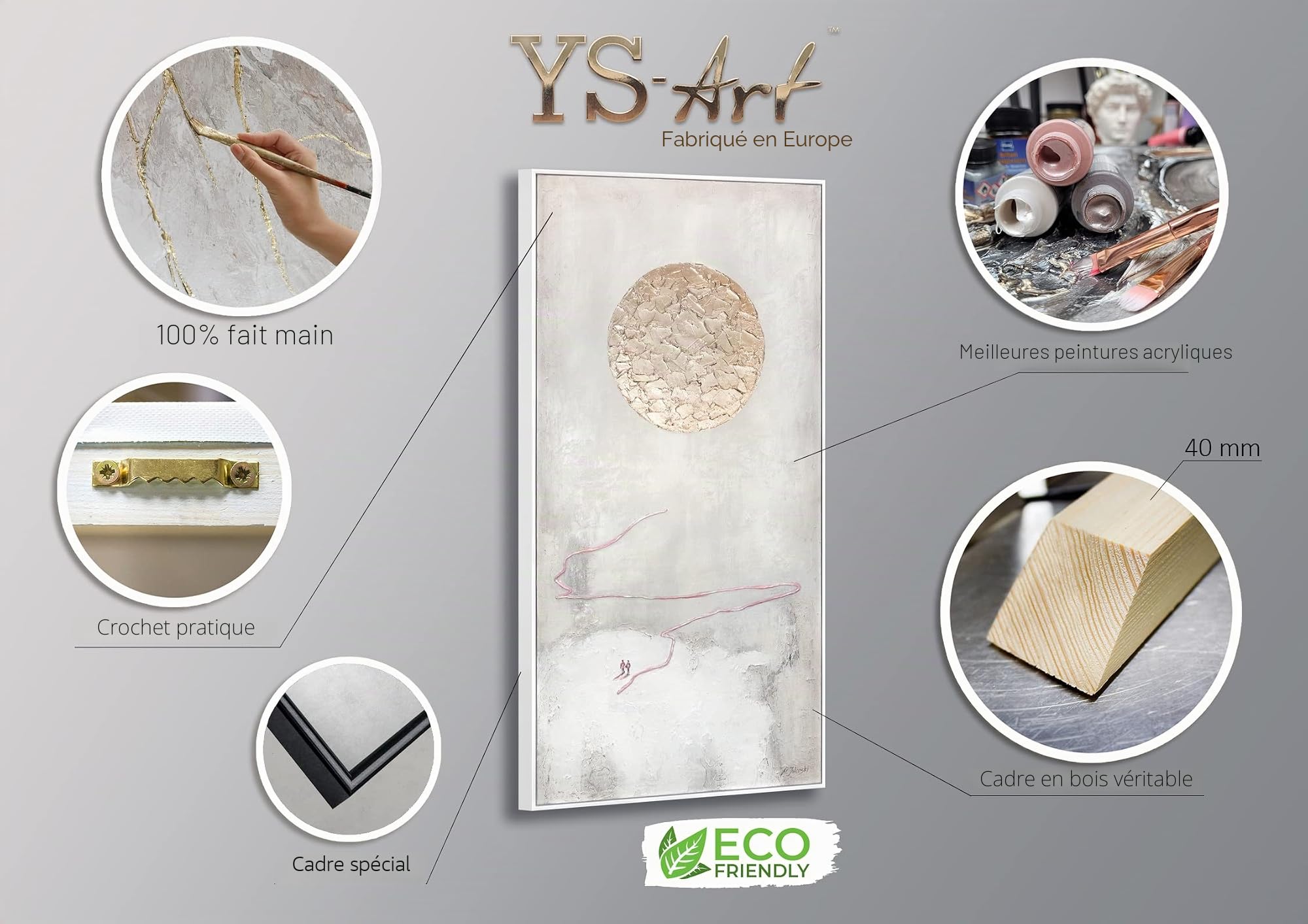 YS-Art Tableau Abstrait Blanc et Beige Peint Main pour Chambre et Salon