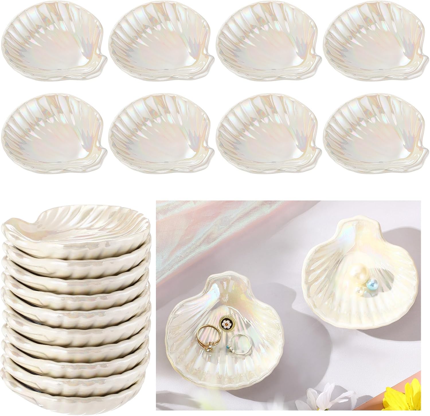 Teenyyou 8 Pcs Shell Ring Dish Ceramic Jewelry Trinket Dish Tray Seashell Ring Key Holder Bowl Beach Room Coastal Plate Decor for Home Bathroom Counter (Pink)