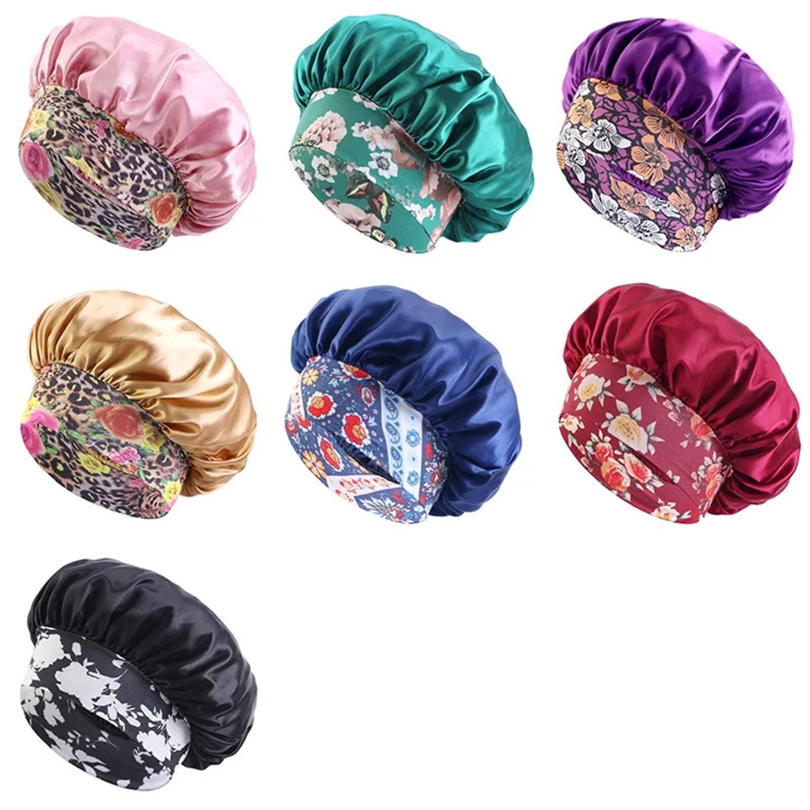 Gorro De Seda para Dormir Gorro for Mujer con Estampado Floral y Borde Ancho, de Seda elástica satén Suave, Ideal for Dormir en casa a Diario