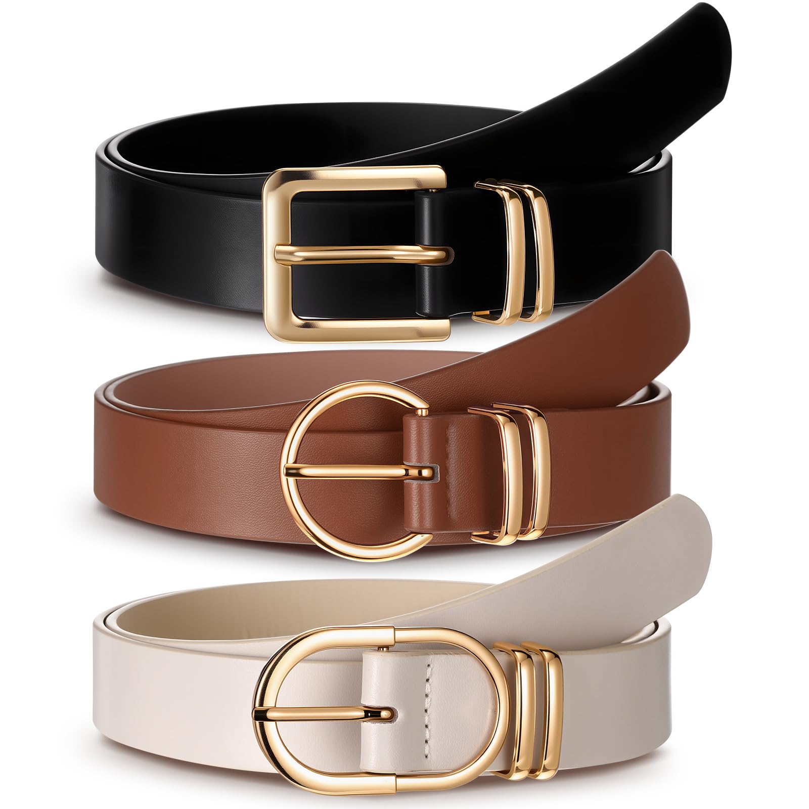 3 Pack Womens Leather Belts for Jeans Pants Dresses Ladies Waist Belt with Fashion Gold Buckle