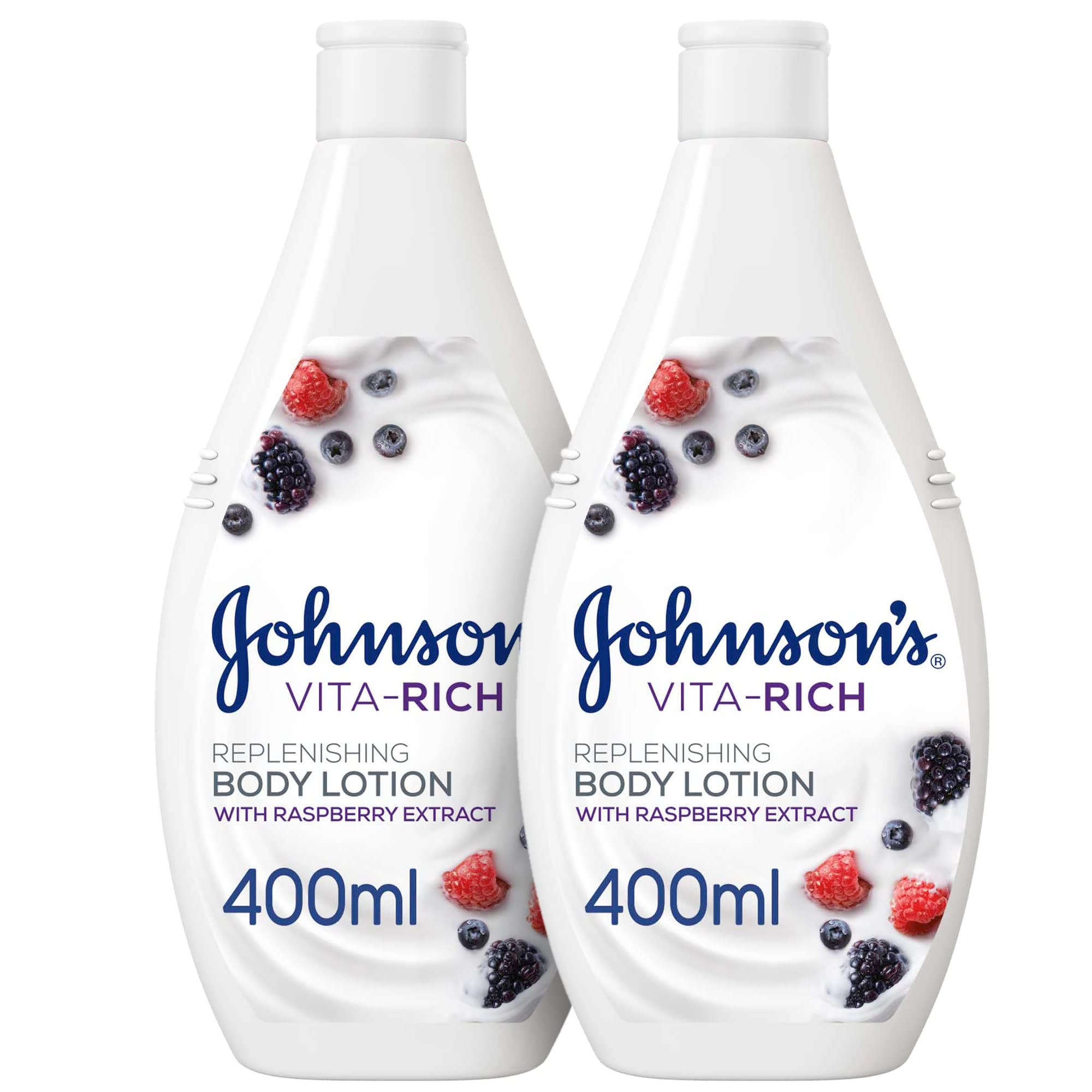 Johnson's Body Lotion - Vita-Rich Replenishing Raspberry Extract (1x 400ml + 1 FREE), Hydrating and Nourishing Formula for Dry Skin, Enriched with Natural Raspberry Extract for a Healthy Glow