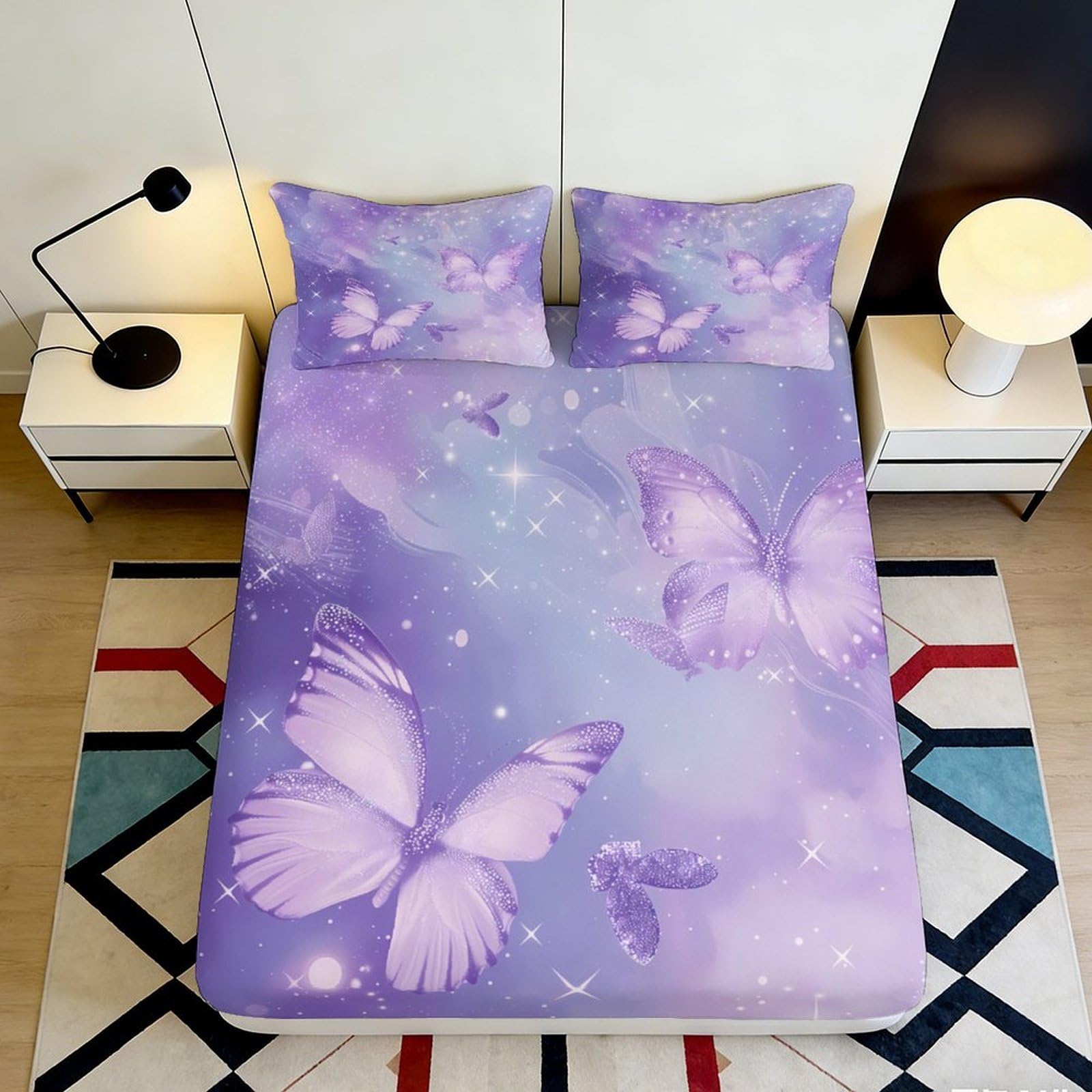 3D Printed Purple Butterfly Fitted Sheet Microfiber Soft Slip-Resistant Dreamy Sparkle Mattress Cover for Bedroom Guest Room Decor 120x200cm 90x200x25cm