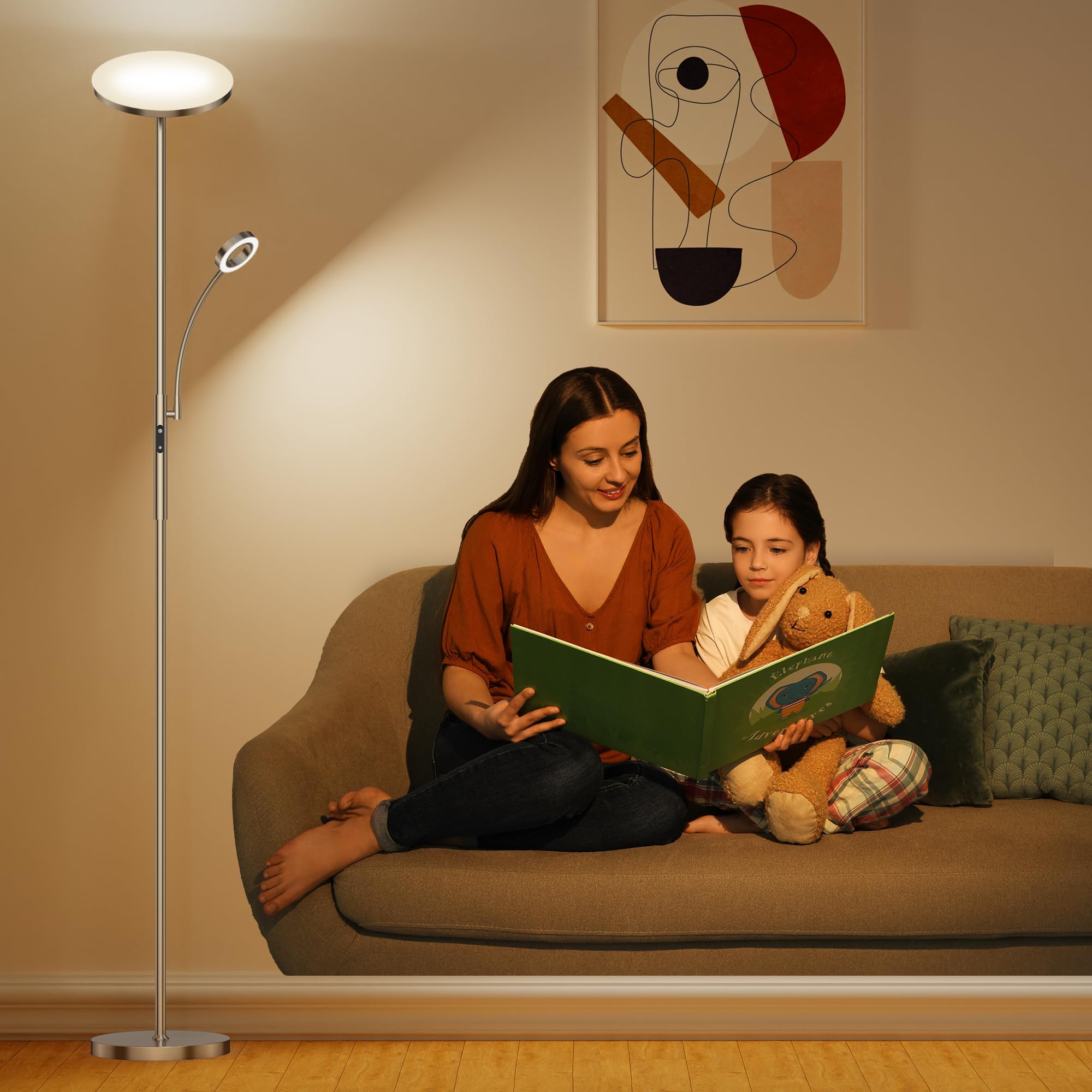 Lampe Sur Pied 2-en-1 4200LM 35W LED Dimmable Avec Liseuse - Télécommande, 3000K-6000K Pour Salon Chambre Bureau