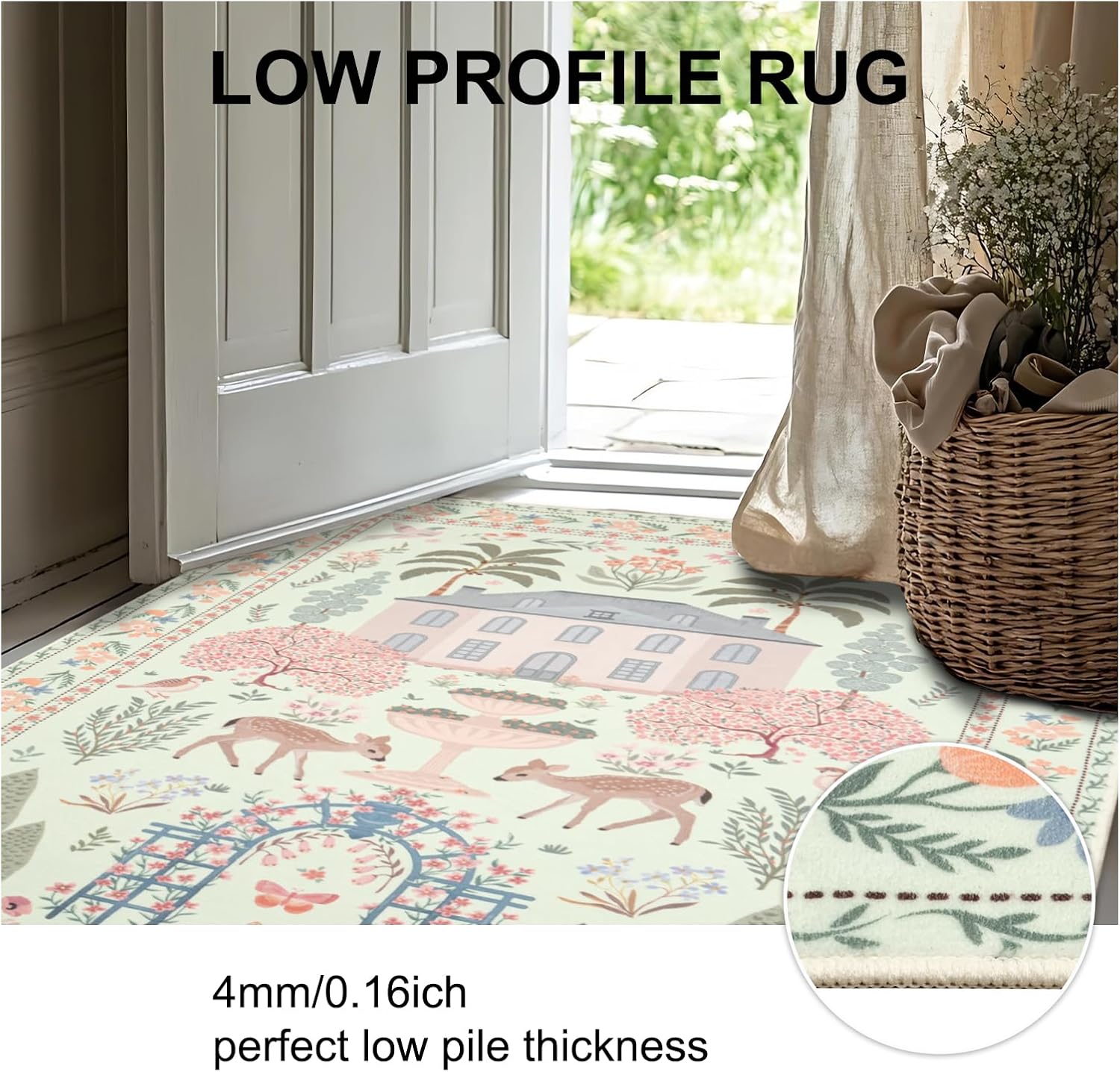 MOSISO 3x5 Area Rug for Bedroom, Soft Non-Slip Indoor Floor Low Pile Carpet, Dreamy Garden Mansion Wonderland Faux Wool Rectangular Washable Area Rugs for Dining Living Room Entryway, Green