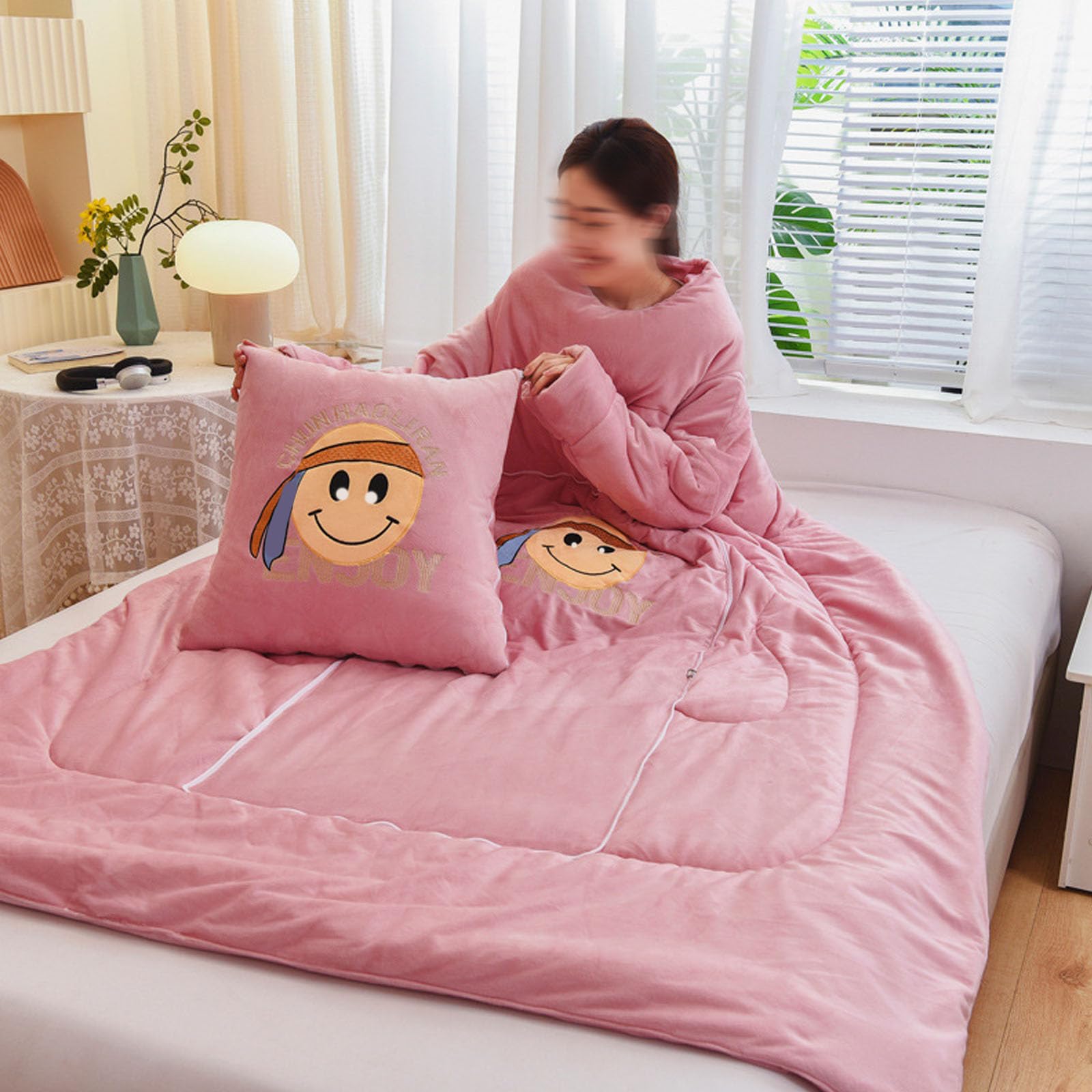 Coperta indossabile con maniche, piumino portatile per casa, ufficio e viaggi, design invernale con stampa calda, si piega per cuscino