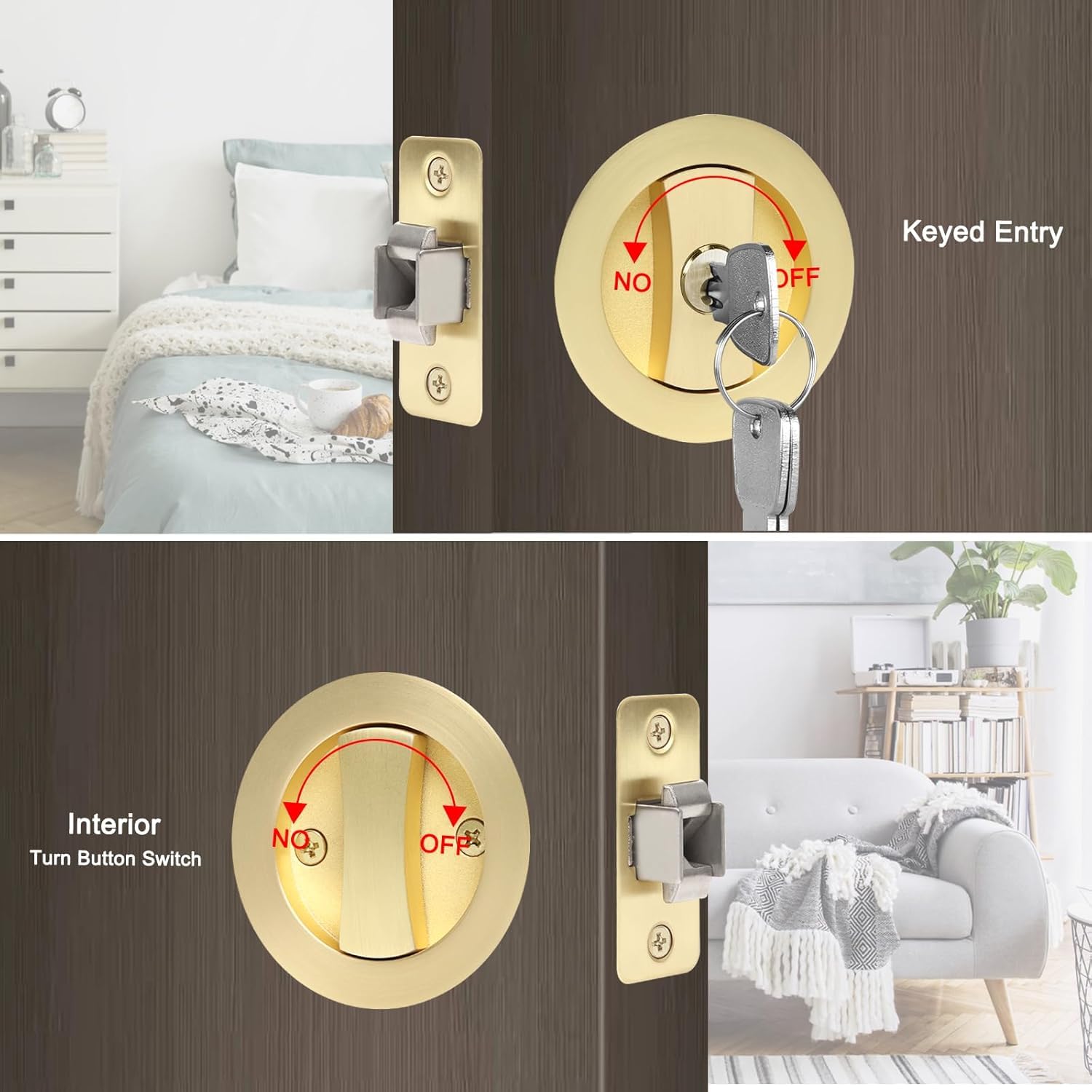 SANGRENSHEN Sliding Door Lock Pocket Door Flush Handles Latch Privacy Bed/Bath Latch for 3cm to 5cm Thickness Door 3 Keys Black - Image 3